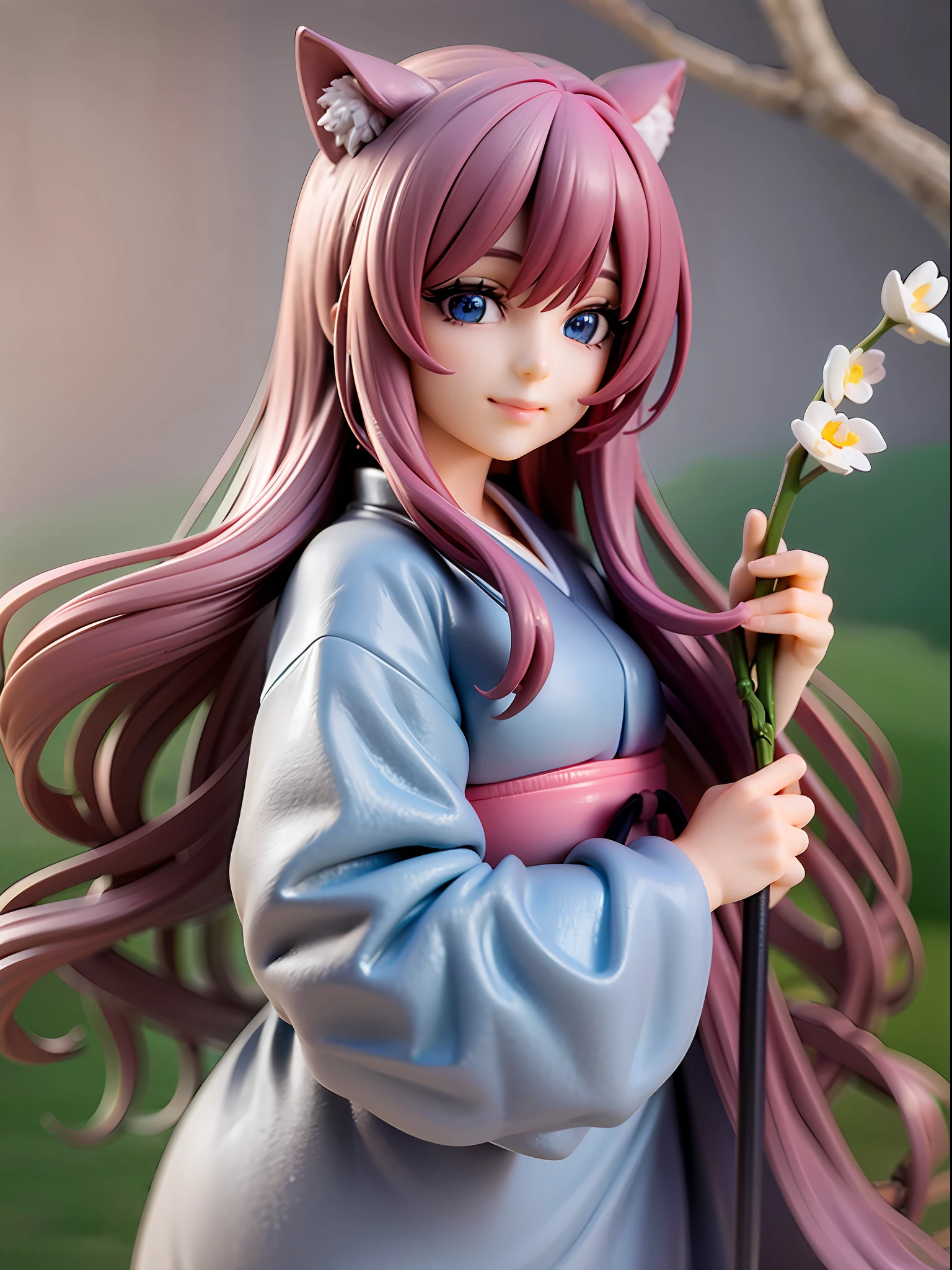1girl, cat ears, cat tail, cherry blossom ,long pale hair, chibi, beautiful bright blue eyes, smiling, wearing a white kimono, standing under a night sky with a full moon, moon light,surrounded by blue roses, [realistic], [3d], (8k, RAW photo, best quality, masterpiece:1.2), ultra high res, photo realistic, professional lighting, detailed lighting, professional photography, high quality, high res, extremely detailed, bloom, depth of field, sketch, sharp focus, soft lighting, detailed, detailed skin, to8contrast style.