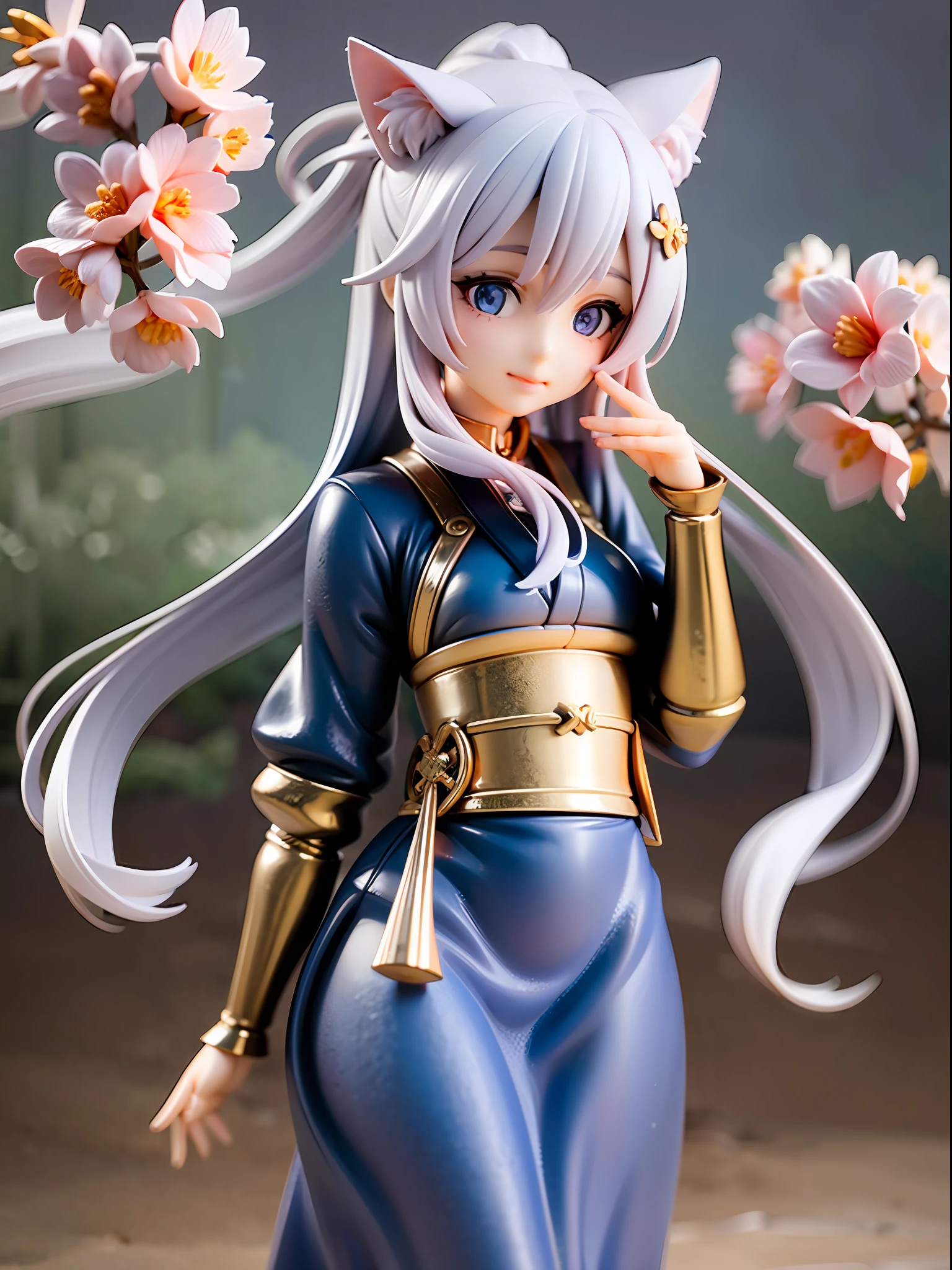 1girl, cat ears, cat tail, cherry blossom ,long pale hair, chibi, beautiful bright blue eyes, smiling, wearing a white kimono, standing under a night sky with a full moon, moon light,surrounded by blue roses, [realistic], [3d], (8k, RAW photo, best quality, masterpiece:1.2), ultra high res, photo realistic, professional lighting, detailed lighting, professional photography, high quality, high res, extremely detailed, bloom, depth of field, sketch, sharp focus, soft lighting, detailed, detailed skin, to8contrast style.