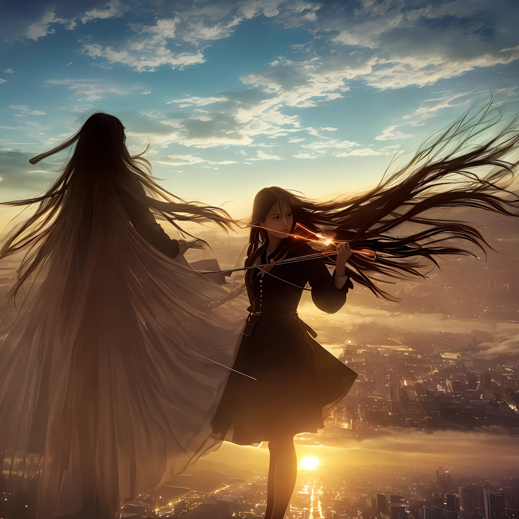 Imagine a spectacular scene unfolding on an airship. In the background, the bustling city of Tokyo, skyscrapers stretching toward the heavens. Standing on the deck is a young woman Japan of 20 years old, wearing a modern Gothic ta style, a white blouse and a black skirt. In her hands, she wields a violin bow and brandishes it like a sword. Her body language is full of dynamism, as if she is moving forward, making her stand up without fear.
Opposite her stands Leonardo da Vinci, a figure from the Renaissance era. He holds a large bow and is poised to counter her attacks.
The air around them is alive with luminous equations and mathematical graphs, floating like a symbol of augmented reality, adding a technical and mysterious atmosphere to the scene. These equations and graphs glow and create an optical spatial effect that adds another layer of complexity to the image.
The setting sun turns the sky crimson and gold, casting long shadows and enveloping the subject in a warm light. The river below reflects the same sunset, creating a breathtaking mirror image. Majestic clouds stretch across the skyline, further enhancing the grandeur of the scene.
Night light illuminates both the women and Leonardo, highlighting their fierce duel on the airship. The sunshine creates an atmosphere of high drama and intensity at each moment captured in the golden hour. Professional lighting emphasizes her shiny skin and high-quality rendering