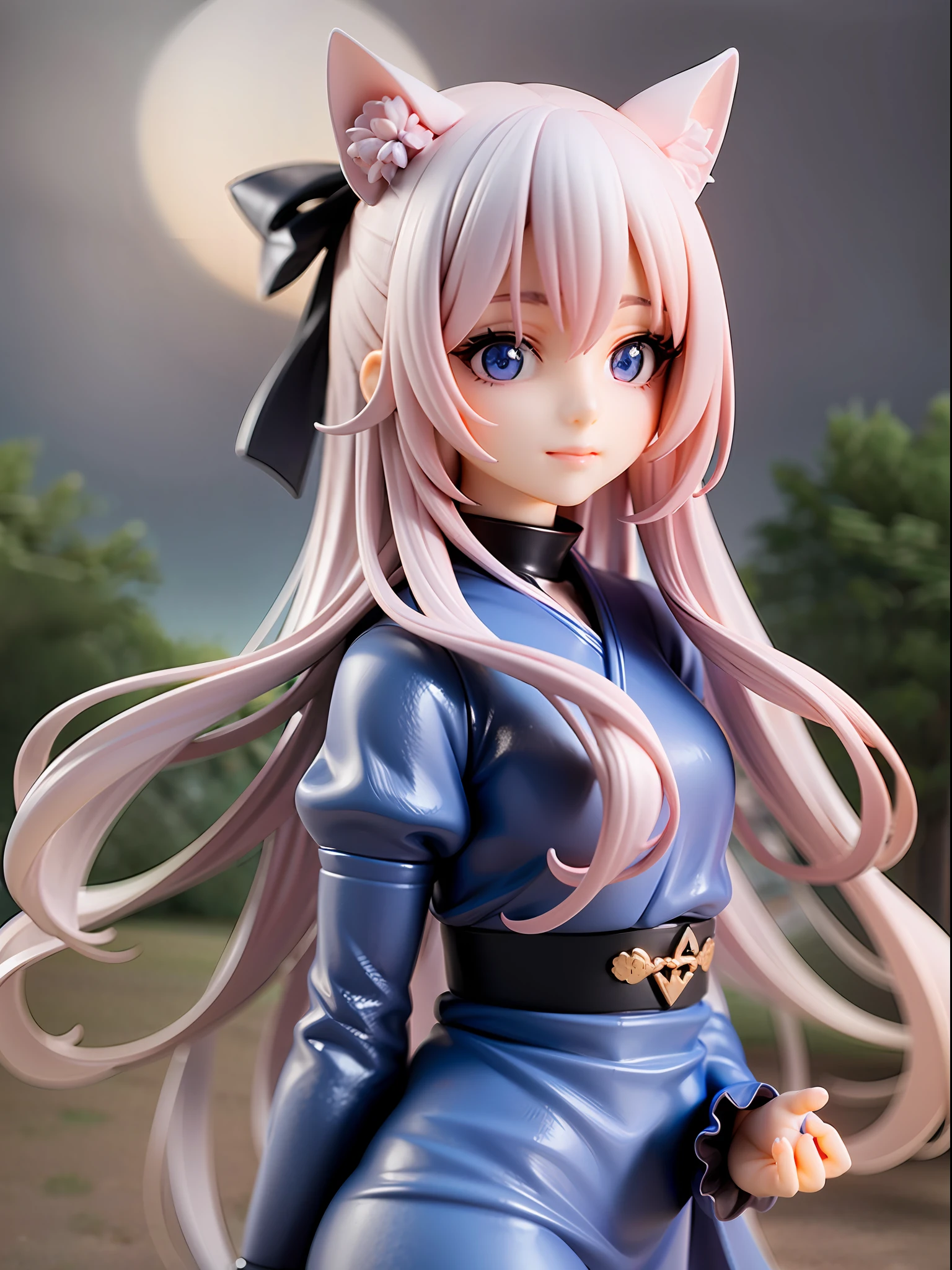 1girl, cat ears, cat tail, cherry blossom ,long pale hair, chibi, beautiful bright blue eyes, smiling, wearing a white kimono, standing under a night sky with a full moon, moon light,surrounded by blue roses, [realistic], [3d], (8k, RAW photo, best quality, masterpiece:1.2), ultra high res, photo realistic, professional lighting, detailed lighting, professional photography, high quality, high res, extremely detailed, bloom, depth of field, sketch, sharp focus, soft lighting, detailed, detailed skin, to8contrast style.