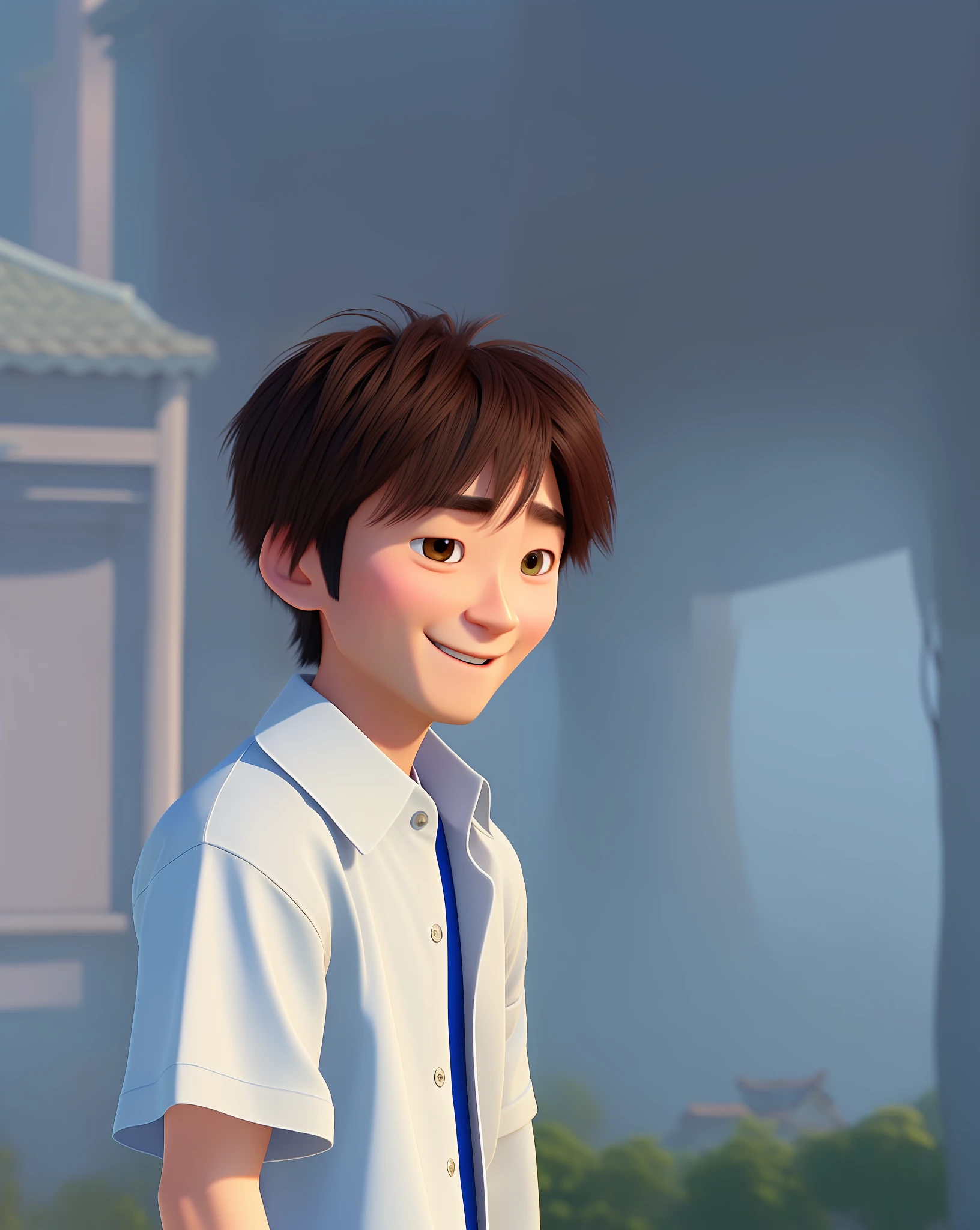 A Korean man, messy hair, 45 years old, big shirt with collar, pixarstyle, 1guy, male, Disney