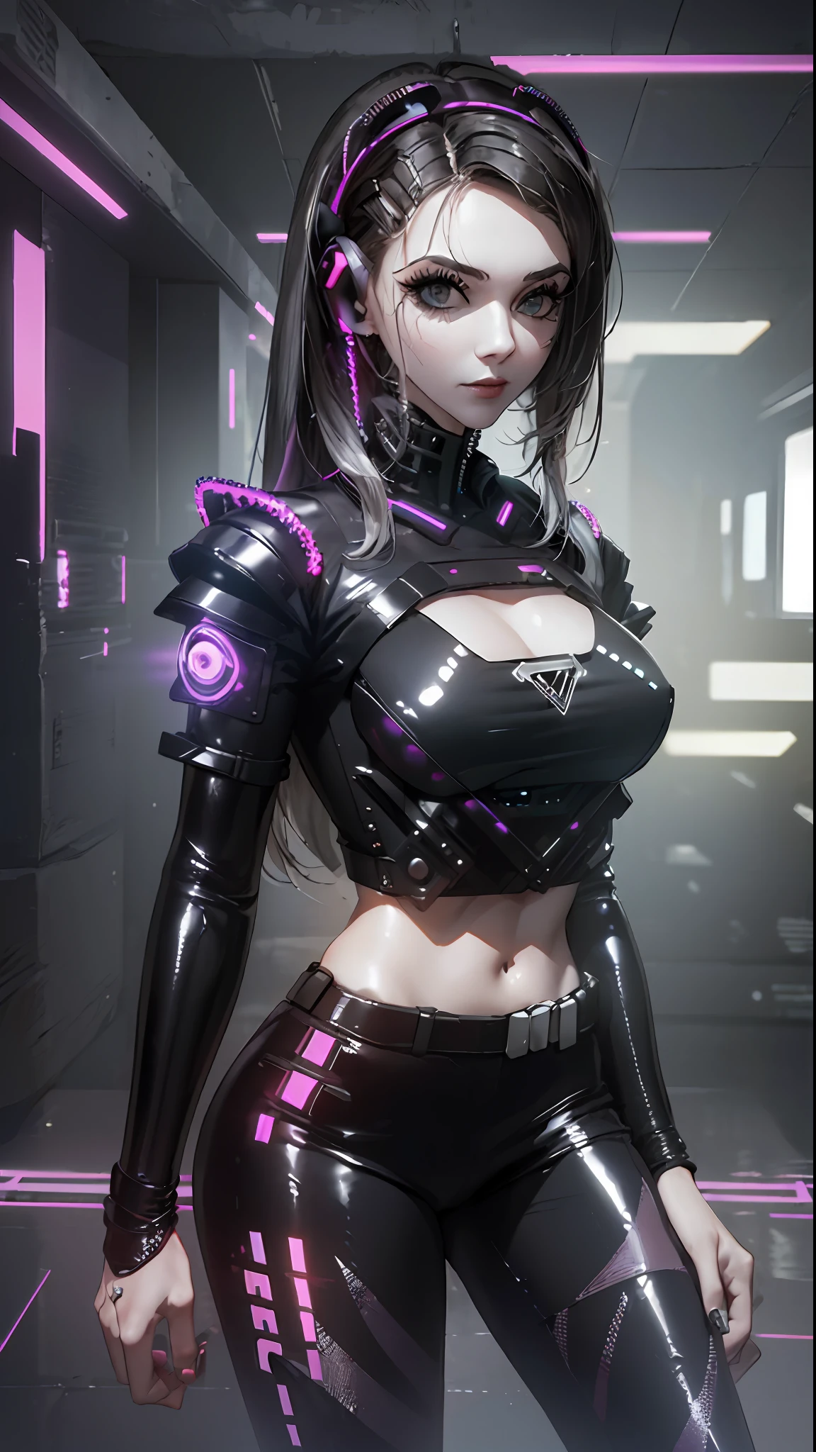 ((Best quality)), ((work-before)), (highly detailed:1.3), ...... 3D, beautiful (cyberpunk:1.3) , Stylish woman looking at camera, black pants, black t-shirt