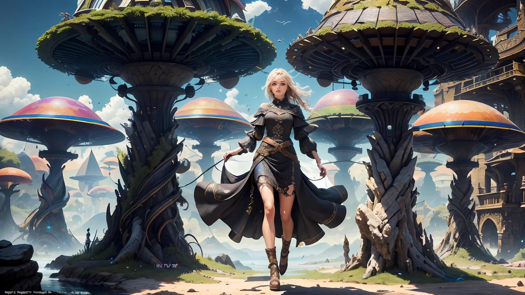 (((Multiplayer, Vivid eyes, men and women))), Best Quality, Realistic, Realistic, Award-Winning Illustrations, (Intricate Details: 1.2), (Fine Details), (Intricate Details), (Cinematic Light, Best Quality Backlight), Clear Lines, Sharp Focus, Official Art, Unity 8k Wallpaper, Ridiculous, Incredibly Absurd, Fantasy Art, RTX, ((Award-winning Triangle Studio Close-up Photo)), 1 Boy, (Shut Up), Best Quality, 4K, beautiful mysterious creatures, female, flying, surrealism, masterpiece by NCWINTERS, in a mysterious country town, masterpiece, intricate details, ff14style, urban painting, bridge, river, giant mushroom, landscape, bright colors, ((((full body image))),