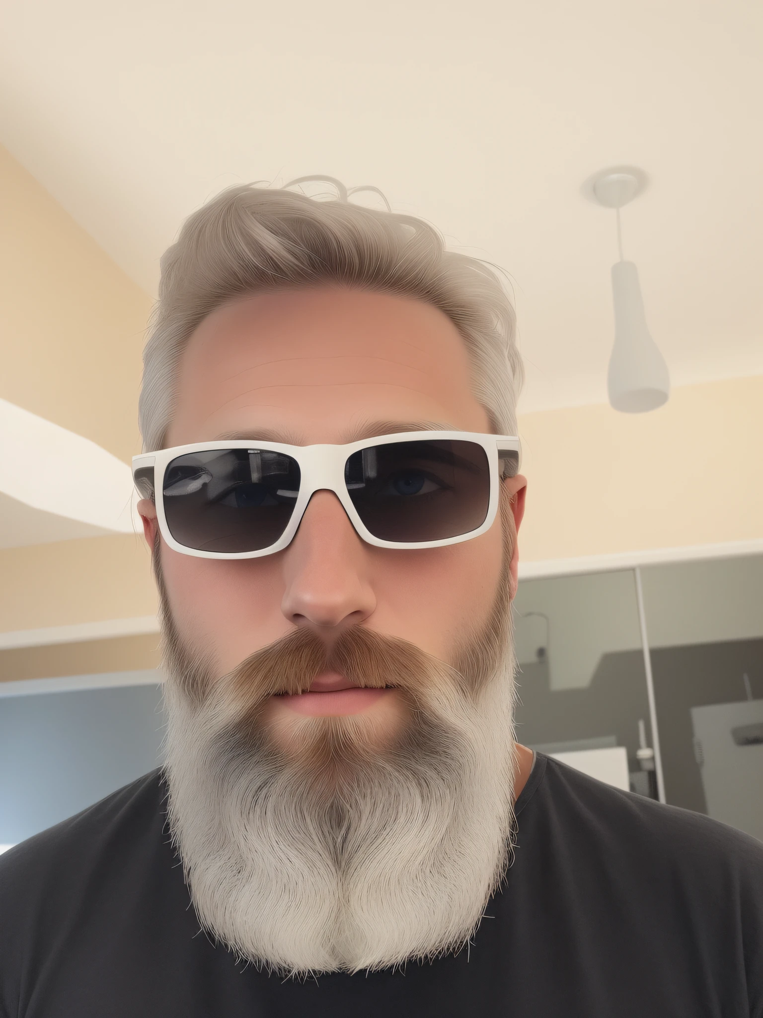 There is a man with a beard and sunglasses while taking a selfie, 30-year-old men, 30-year-old man, short white beard, 30-year-old man, some gray hair in his beard, neat white beard and hair, full white beard, white hair and white beard, 30 yo, photo of a 30-year-old white man, masterpiece, best quality, illustration, beautiful detailed brightness, detailed lighting, fire hair