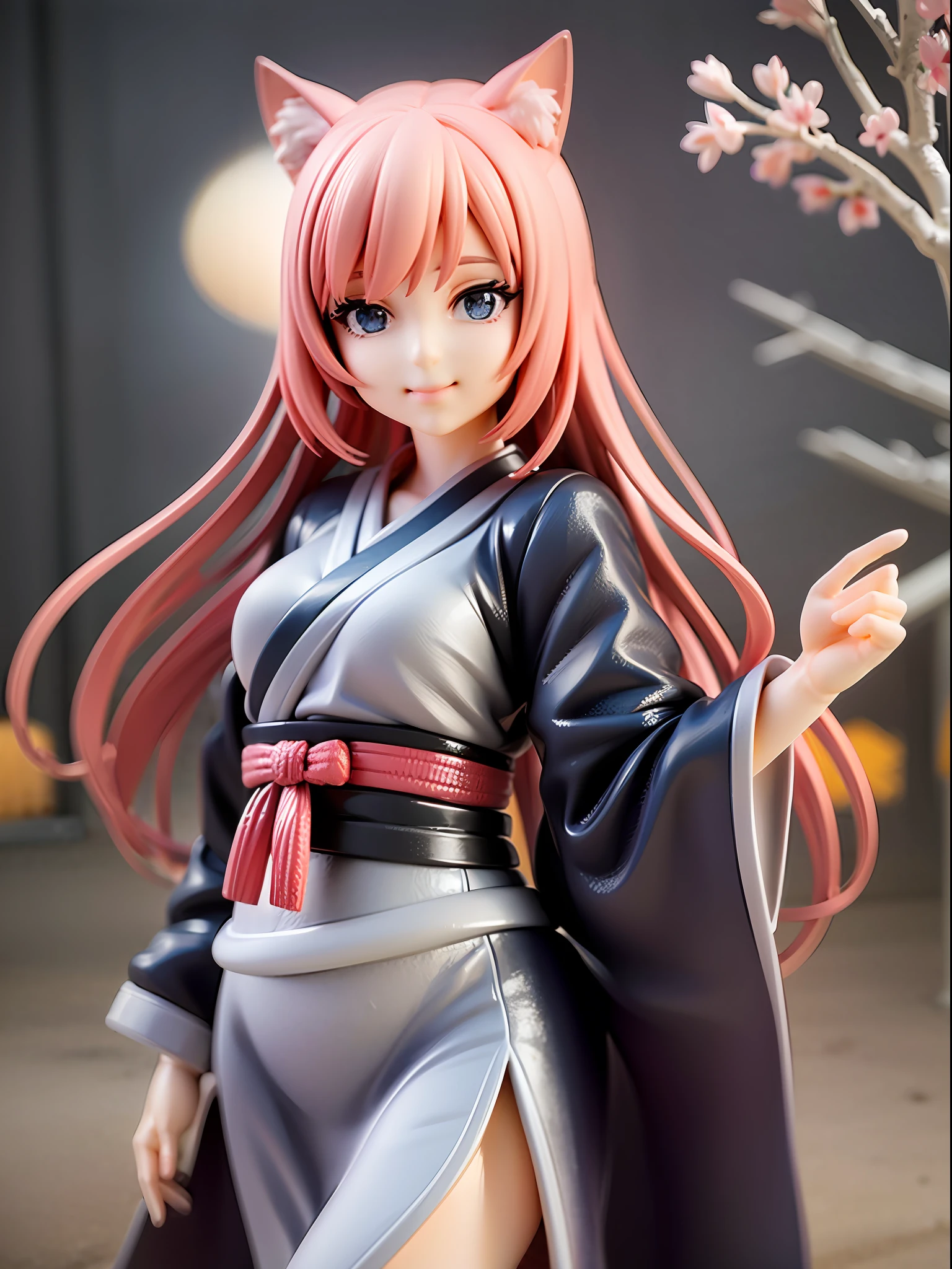 1girl, cat ears, cat tail, cherry blossom ,long pale hair, beautiful bright blue eyes, smiling, wearing a white kimono, standing under a night sky with a full moon, moon light,surrounded by blue roses, [realistic], [3d], (8k, RAW photo, best quality, masterpiece:1.2), ultra high res, photo realistic, professional lighting, detailed lighting, professional photography, high quality, high res, extremely detailed, bloom, depth of field, sketch, sharp focus, soft lighting, detailed, detailed skin, to8contrast style.