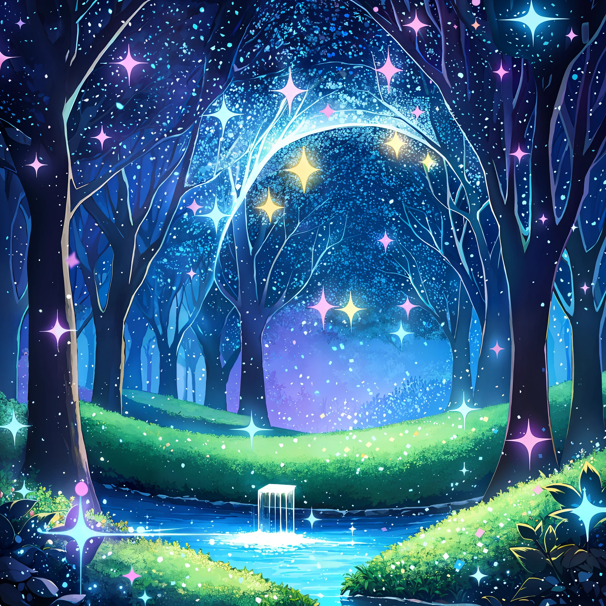 Create a magical forest, with floating numbers, with trees, effects, and sparkles, dark forest, ((children's forest)), scenery --auto --s2