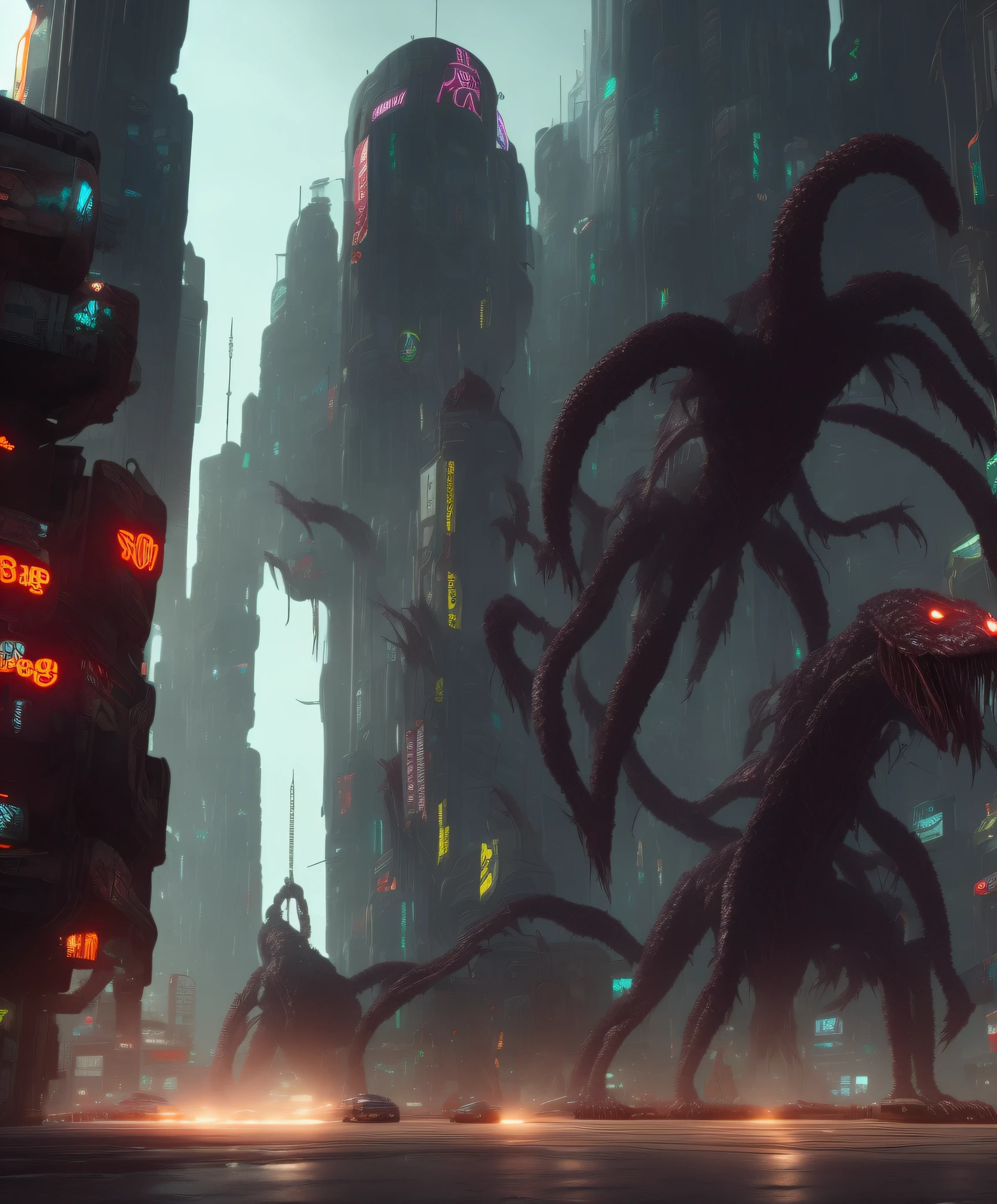 a huge naked female mutated horrifying creature thing in a cyberpunk city, wide shot, cinematic lighting