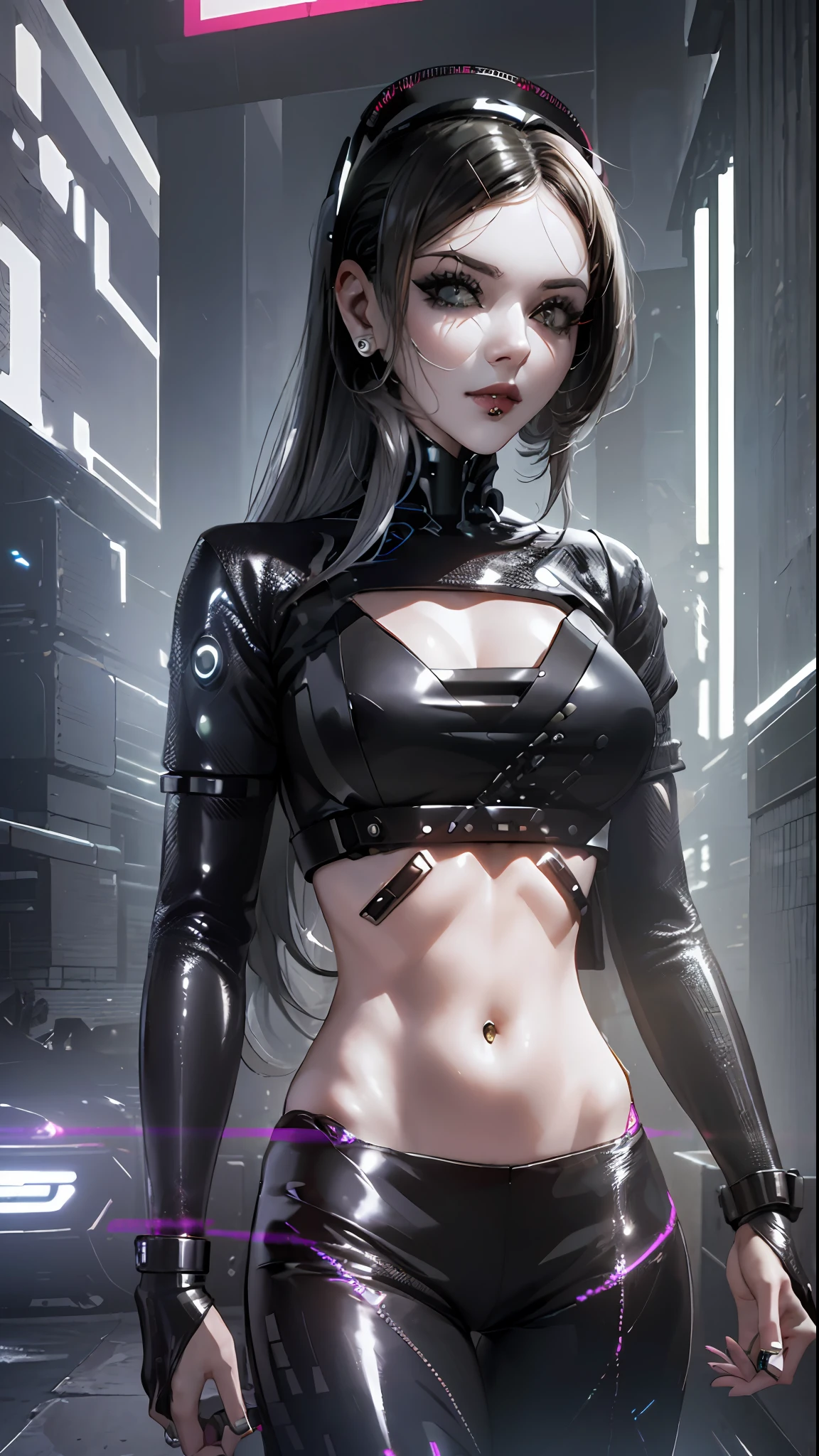 ((Best quality)), ((work-before)), (highly detailed:1.3), ...... 3D, beautiful (cyberpunk:1.3) , Stylish woman looking at camera, black pants, black t-shirt