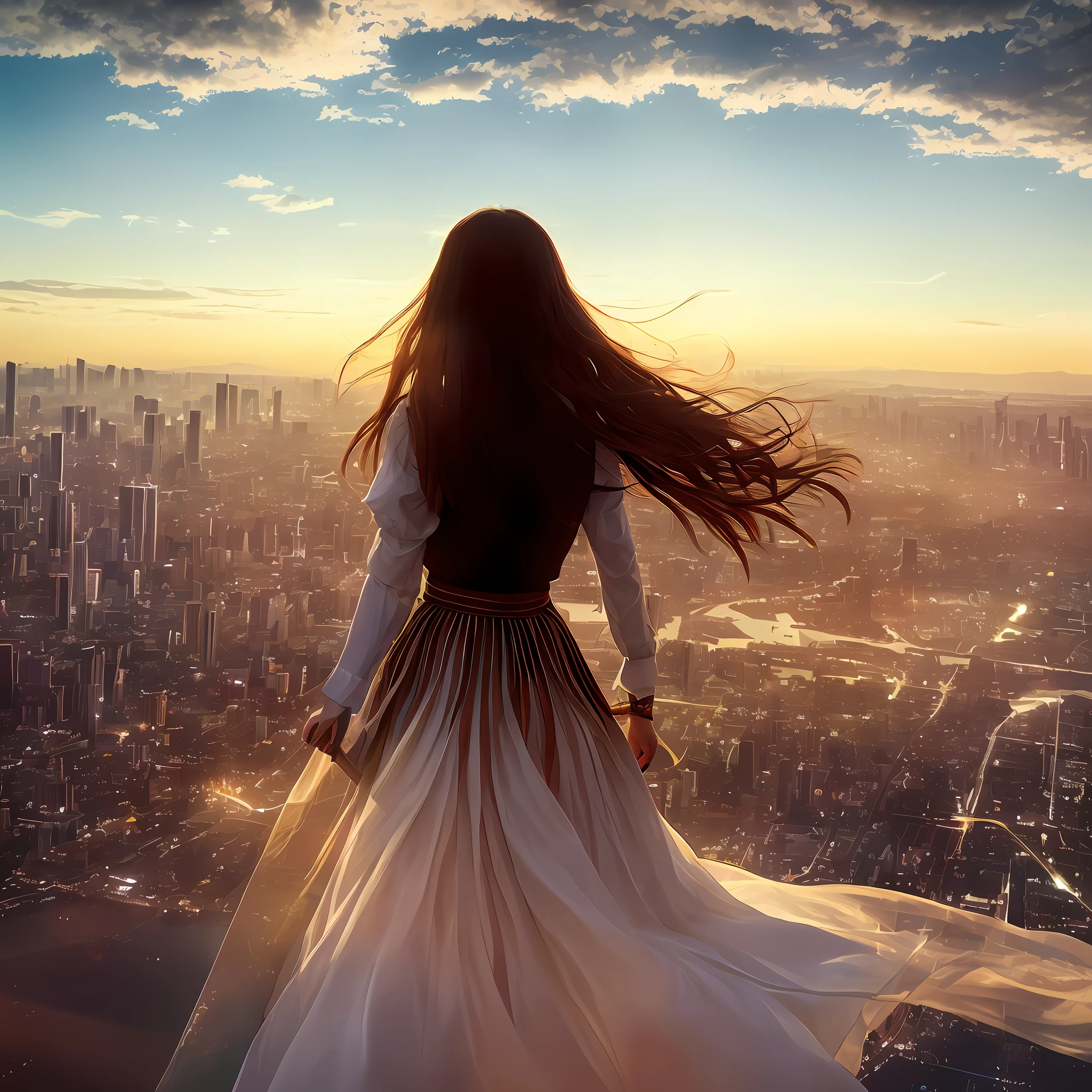 Imagine a spectacular scene unfolding on an airship. In the background, the bustling city of Tokyo, skyscrapers stretching toward the heavens. Standing on the deck is a young woman Japan of 20 years old, wearing a modern Gothic ta style, a white blouse and a black skirt. In her hands, she wields a violin bow and brandishes it like a sword. Her body language is full of dynamism, as if she is moving forward, making her stand up without fear.
Opposite her stands Leonardo da Vinci, a figure from the Renaissance era. He holds a large bow and is poised to counter her attacks.
The air around them is alive with luminous equations and mathematical graphs, floating like a symbol of augmented reality, adding a technical and mysterious atmosphere to the scene. These equations and graphs glow and create an optical spatial effect that adds another layer of complexity to the image.
The setting sun turns the sky crimson and gold, casting long shadows and enveloping the subject in a warm light. The river below reflects the same sunset, creating a breathtaking mirror image. Majestic clouds stretch across the skyline, further enhancing the grandeur of the scene.
Night light illuminates both the women and Leonardo, highlighting their fierce duel on the airship. The sunshine creates an atmosphere of high drama and intensity at each moment captured in the golden hour. Professional lighting emphasizes her shiny skin and high-quality rendering