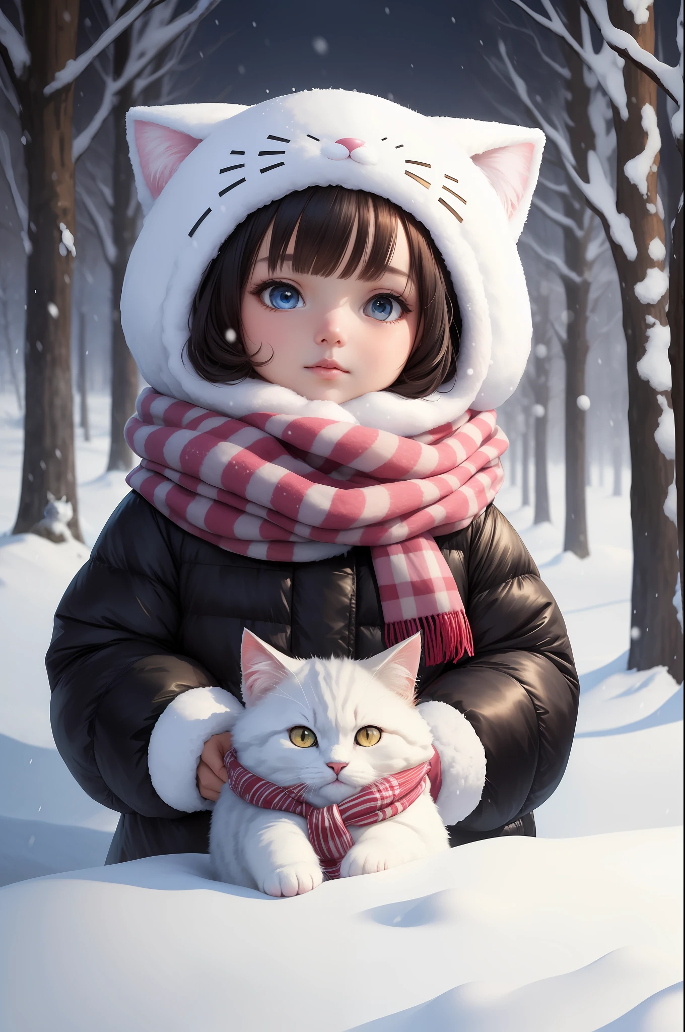 Style-NebMagic, Portrait of a fluffy, round baby cat baby with a scarf made of Style-SylvaMagic in the snow, by Ismail Inceoglu, Gazelli, James Jean, Anton Fadeev and Yoshitaka Amano, insanely detailed, 8k resolution, digital art, trends in season of arts, vibrant colors, chibi style, a masterpiece, adorable and friendly