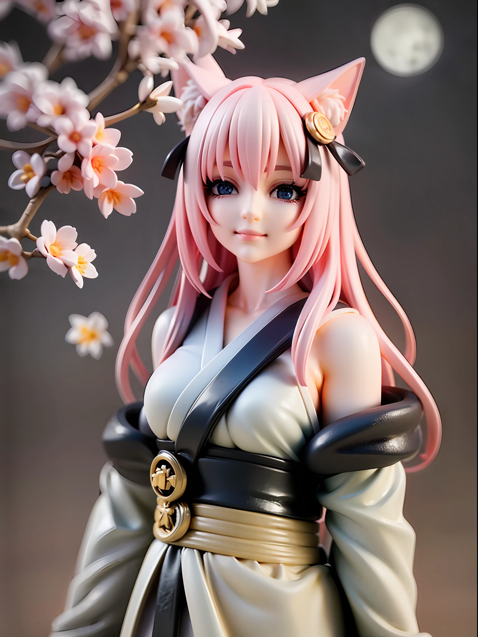 1girl, cat ears, cat tail, cherry blossom ,long pale hair, beautiful bright blue eyes, smiling, wearing a white kimono, standing under a night sky with a full moon, moon light,surrounded by blue roses, [realistic], [3d], (8k, RAW photo, best quality, masterpiece:1.2), ultra high res, photo realistic, professional lighting, detailed lighting, professional photography, high quality, high res, extremely detailed, bloom, depth of field, sketch, sharp focus, soft lighting, detailed, detailed skin, to8contrast style.