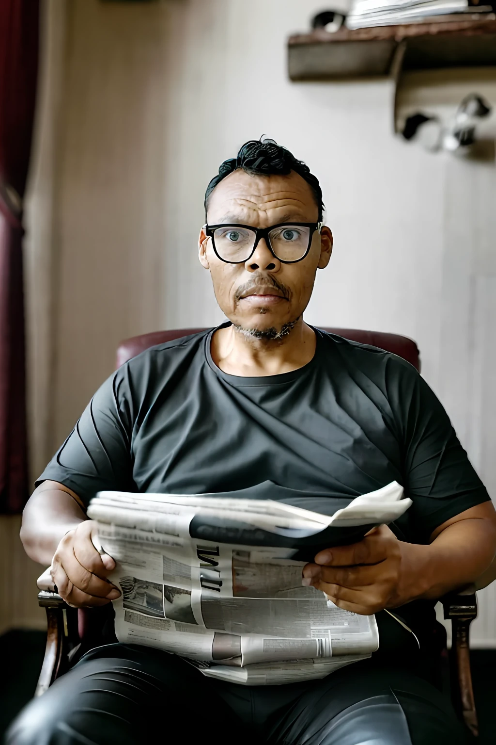 guttonerdvision5, a man sitting comfortably in a leather armchair, reading newspaper, cinematic lighting, depth of field, bokeh, realism, photorealistic, hyperrealism, professional photography, uhd, dslr, hdr