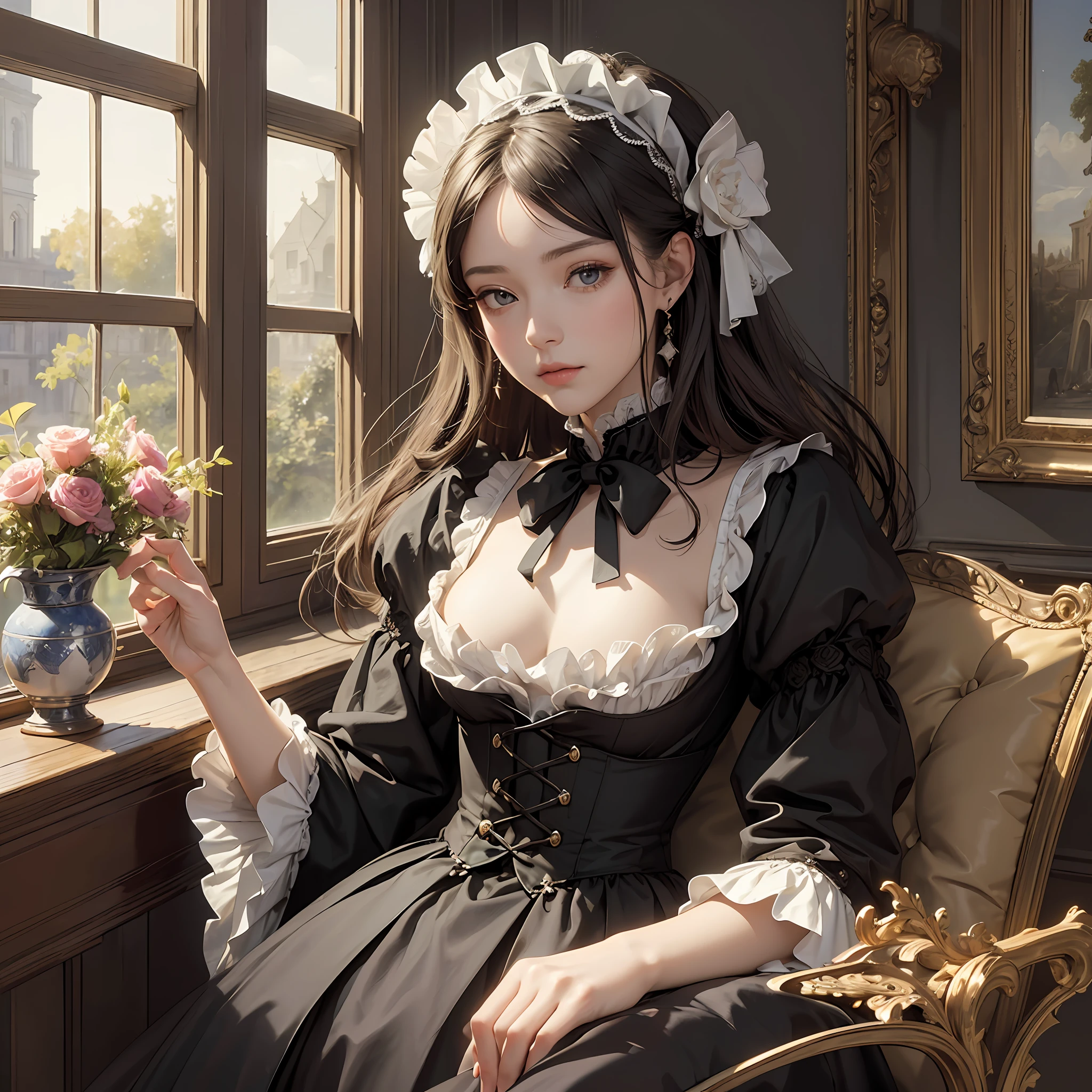 (Pure Color: 0.9), (Color: 1.1), (Masterpiece: 1,2), Best Quality, Masterpiece, High Resolution, Original, Highly Detailed Wallpaper, Beauty, Victorian, Dress, Sad, Small Face, Big Breasts, Sepia --auto --s2