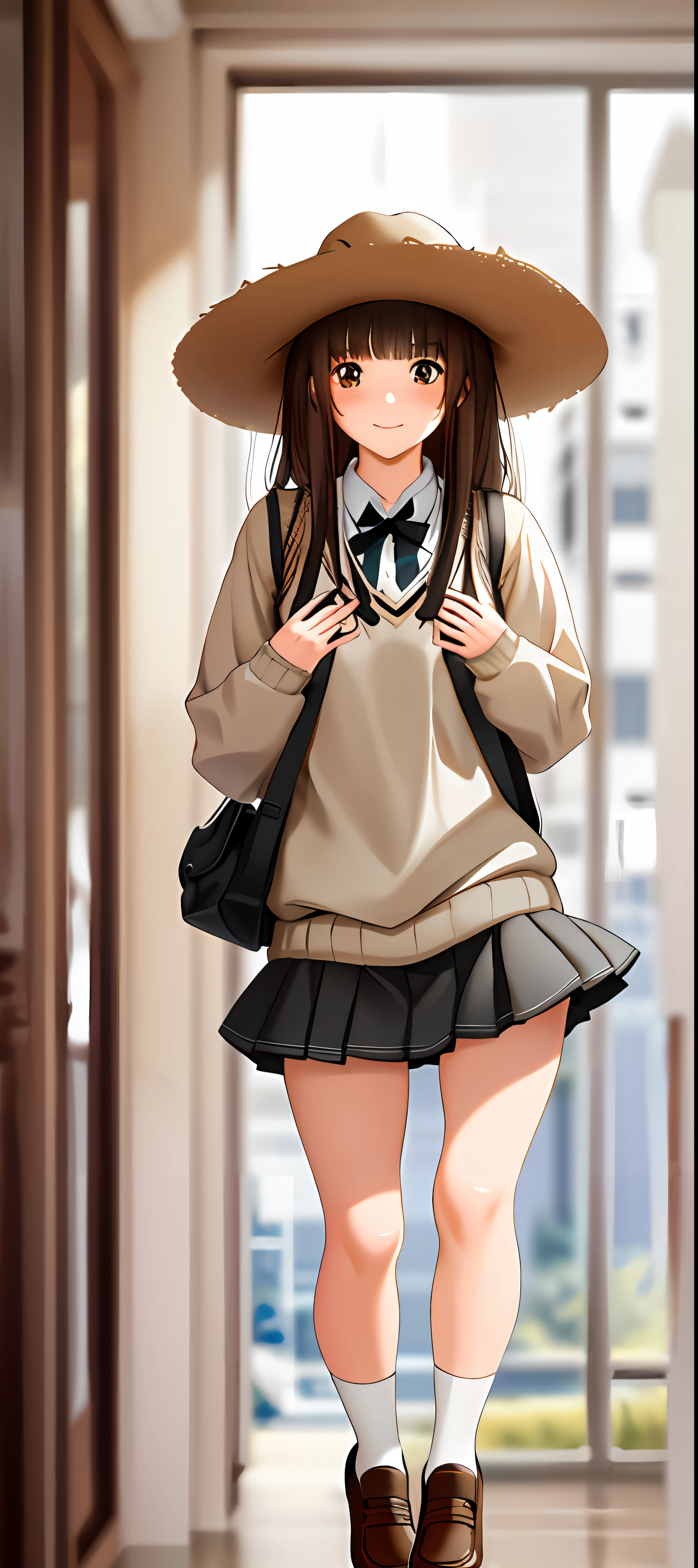 masterpiece, best quality, high resolution, brown eyes, dull bangs, kibito high school uniform, mini skirt, sweater, pleated skirt, socks, standing, cowboy shot, dress lift:2,show off panties,look down,close up