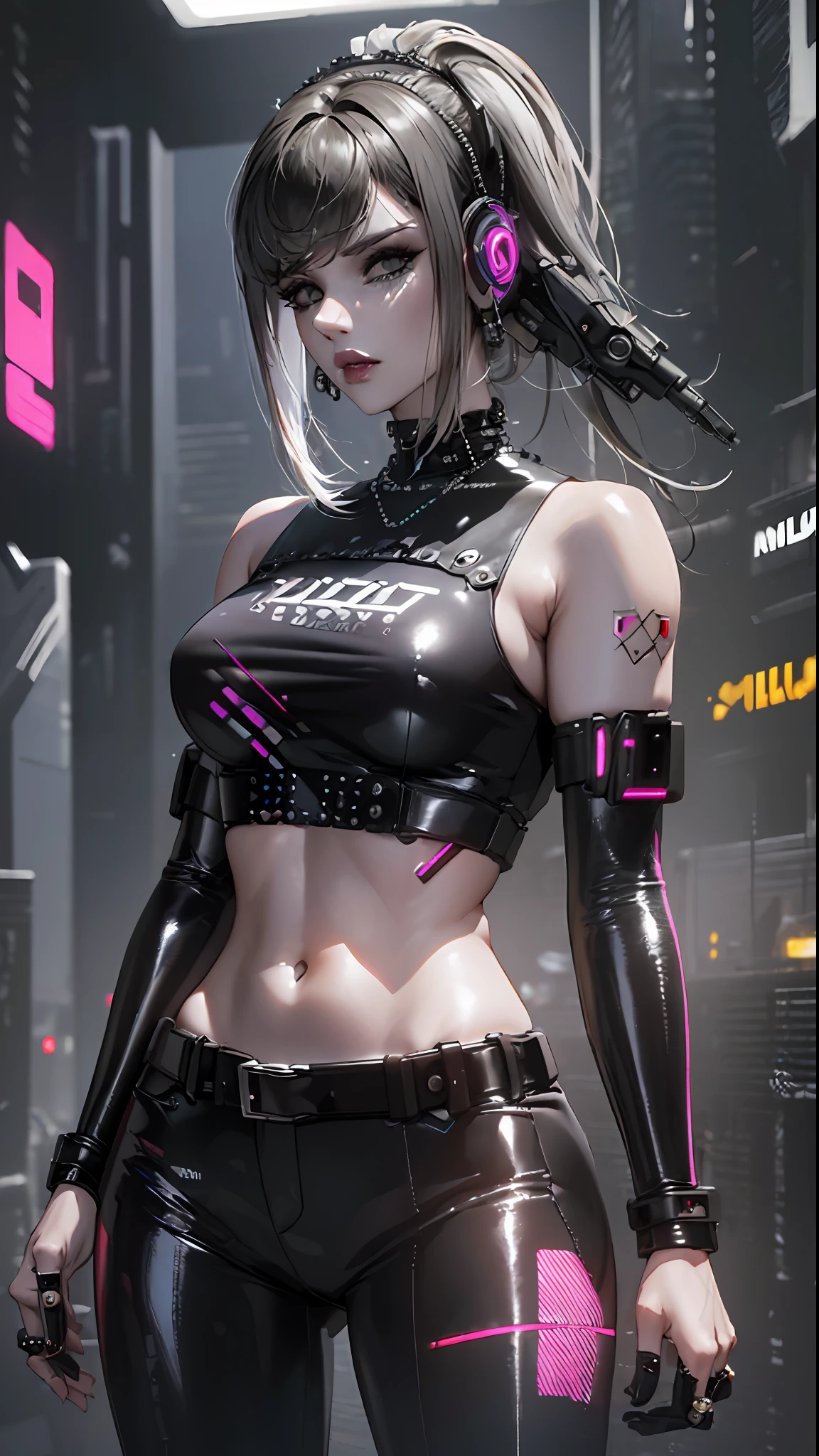 ((Best quality)), ((work-before)), (highly detailed:1.3), ...... 3D, beautiful (cyberpunk:1.3) , Stylish woman looking at camera, black pants, black t-shirt