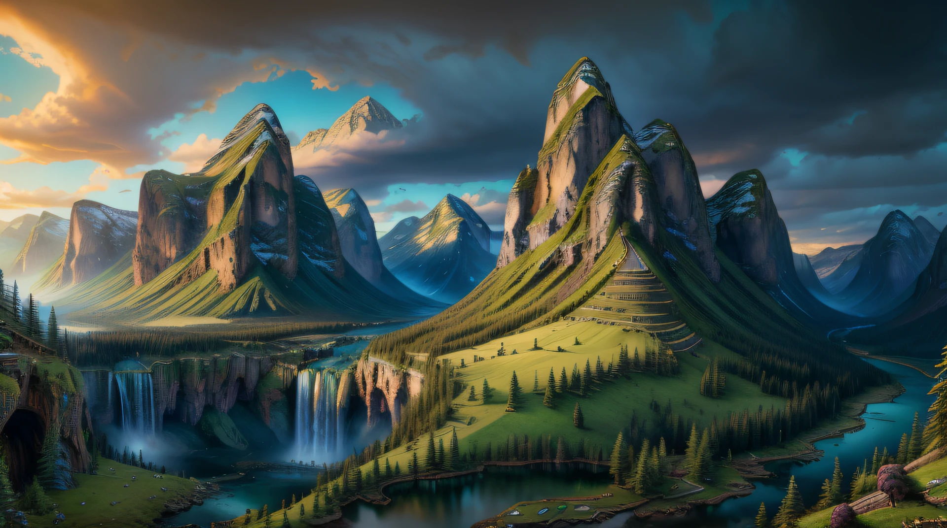 painting of a mountain scene with a waterfall and a forest, impressive fantasy landscape, epic landscape, epic beautiful landscape, fantasy art landscape, fantastic landscape, an epic landscape, most epic landscape, fantasy landscape painting, amazing landscape, dan mumford and albert bierstadt, 4k highly detailed digital art, epic fantasy painting, beautiful oil matte painting, stunning digital painting