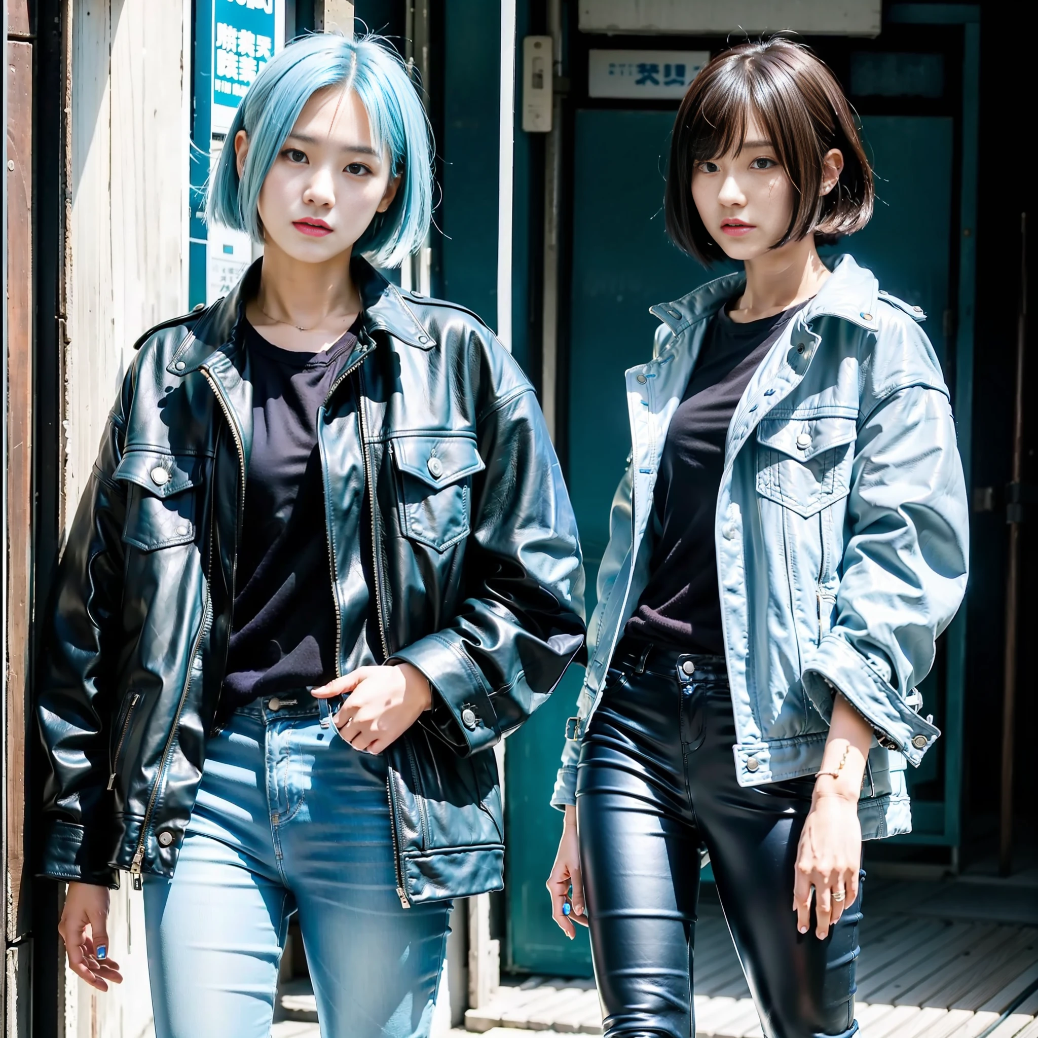 Japan Female 20 years old Looking at Camera Portrait Boyish All Light Blue Riders Jacket Leather Pants Leather Boots Tall Big Tits Light Blue Hair Short Bob