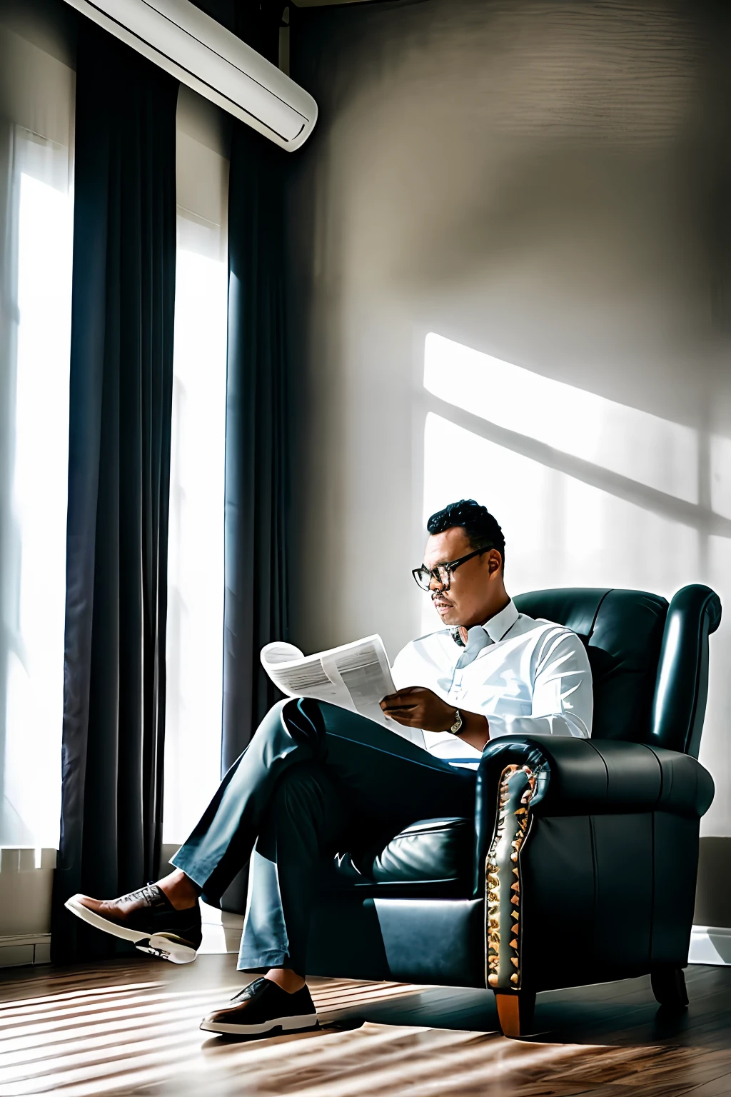 guttonerdvision5, a man sitting comfortably in a leather armchair, reading newspaper, cinematic lighting, depth of field, bokeh, realism, photorealistic, hyperrealism, professional photography, uhd, dslr, hdr