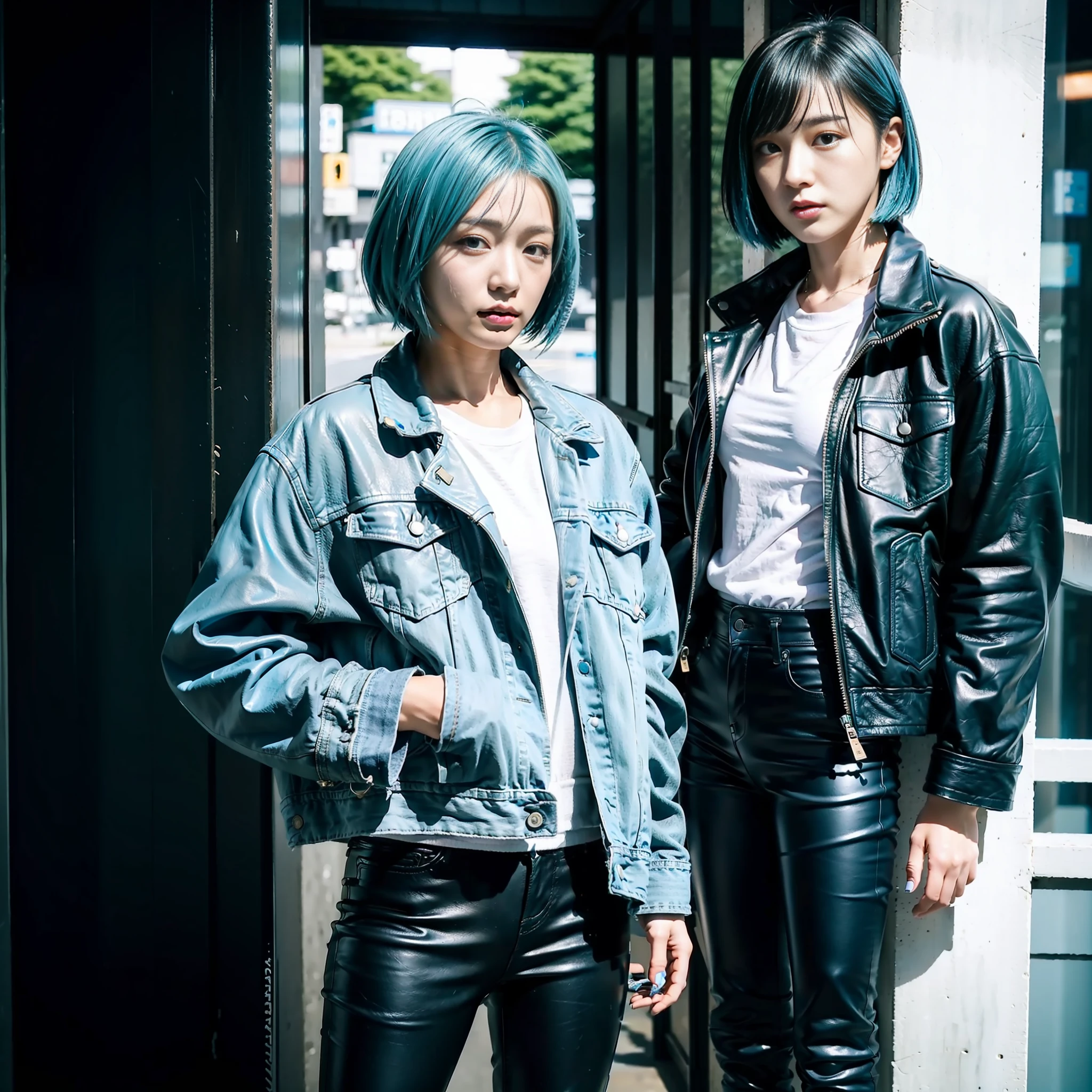 Japan Female 20 years old Looking at Camera Portrait Boyish All Light Blue Riders Jacket Leather Pants Leather Boots Tall Big Tits Light Blue Hair Short Bob