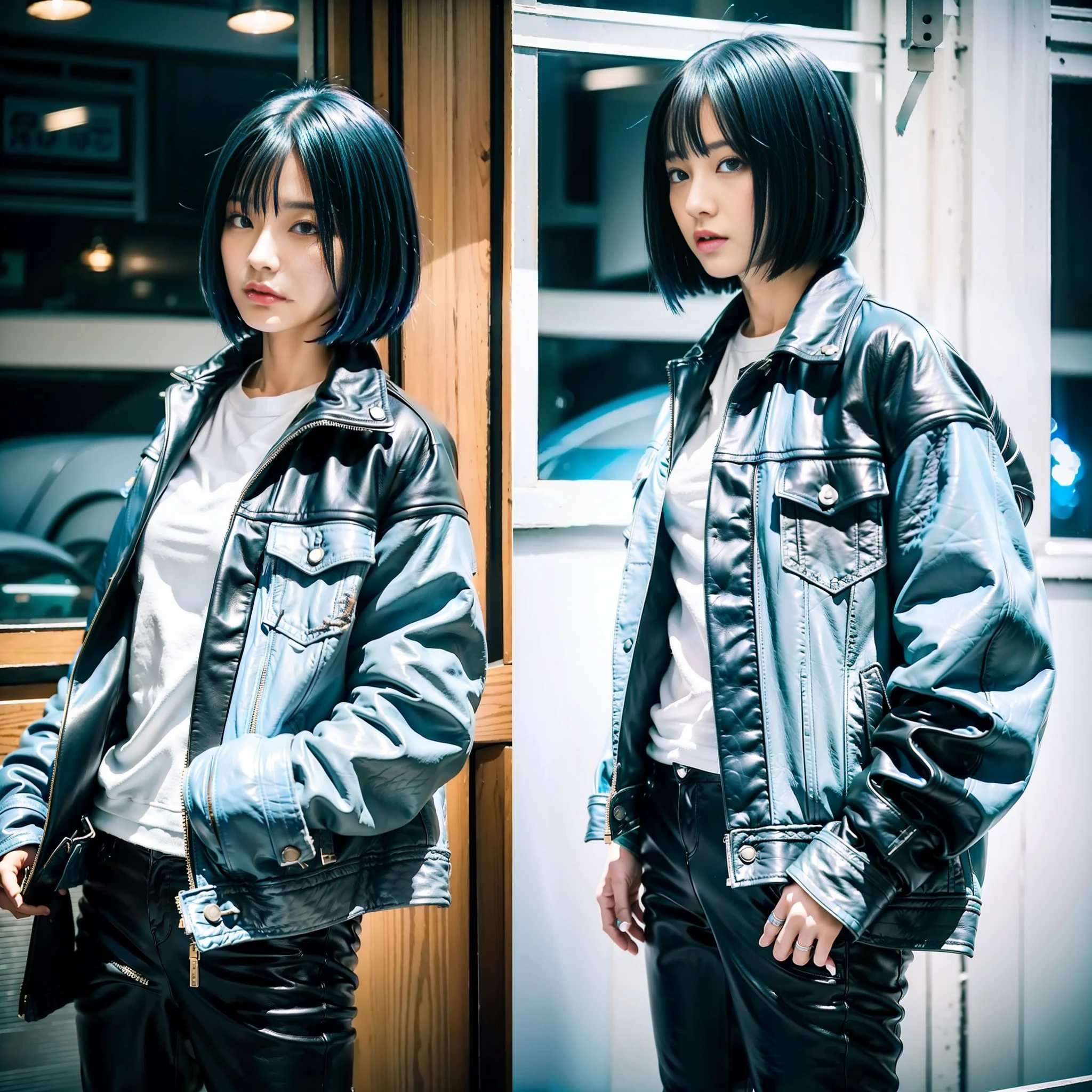 Japan Female 20 years old Looking at Camera Portrait Boyish All Light Blue Riders Jacket Leather Pants Leather Boots Tall Big Tits Light Blue Hair Short Bob
