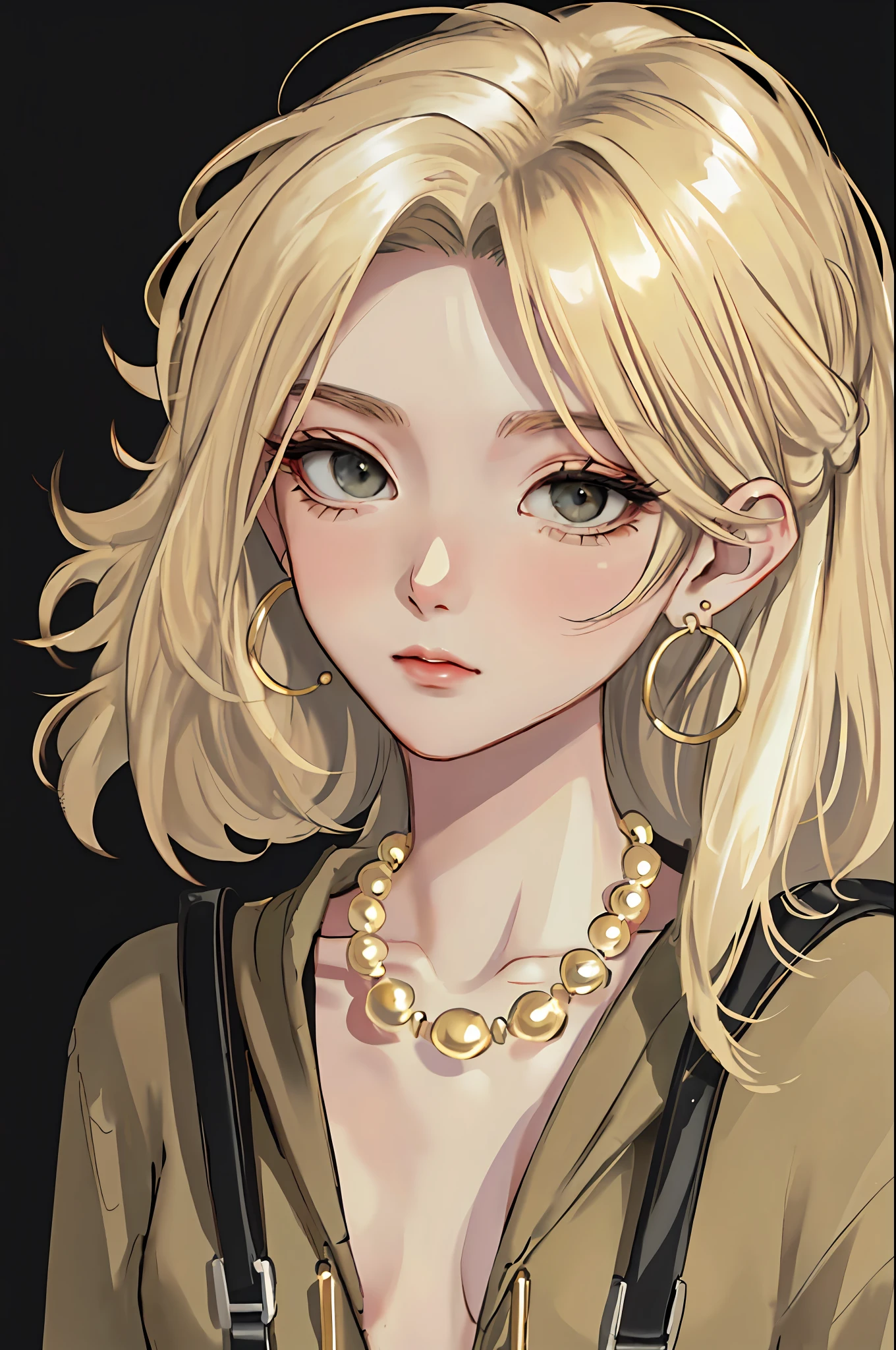 masterpiece:1.6, best quality:1.4, real picture:1.2, intricate details:1.2, a closeup portrait of 1lady, solo, (bags under eyes:1.6),
Appearance: milf:1.25, slender:1.3, green eyes, small breasts, flat chest, sharp eyes,
Clothing: (tan pants, black hoodie),
Accessories: simple hoop earrings, shell necklace,
Hair: (long blonde hair), messy hair,
Makeup: natural, glowing skin,
(simple background, themed background:1.3), (extreme close-up:1.2),