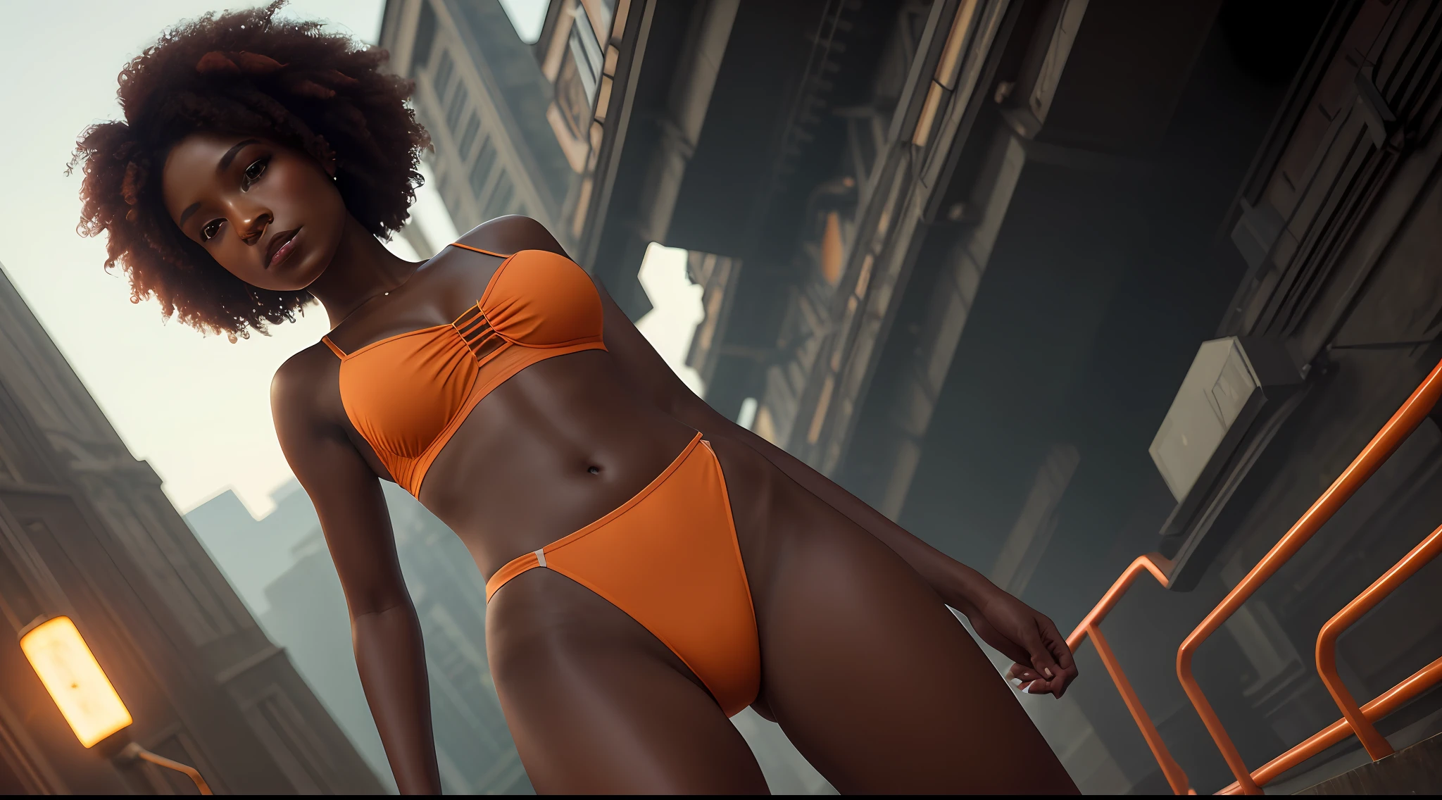 professional photo, (full length body shot of a young ((ebony woman)) wondering around large city), (1girl), wearing skimpy uptight silk mesh (pink-orange lingerie), intricate details, ultra detailed, insane details, 8k, octane render, unreal engine 5.2, global illumination, luminism, maximalism, ((thick thighs)), (orange-red curly hair), hyperdetailed, 4k textures, soft cinematic light, adobe lightroom, photolab, hdr, highly detailed, sharp focus, soothing tones, hyperdetailed, low contrast, soft cinematic light, exposure blend, (mictra:0.99), light, (glowy skin), looking at sky, masterpiece, high quality, realistic, (very detailed face)