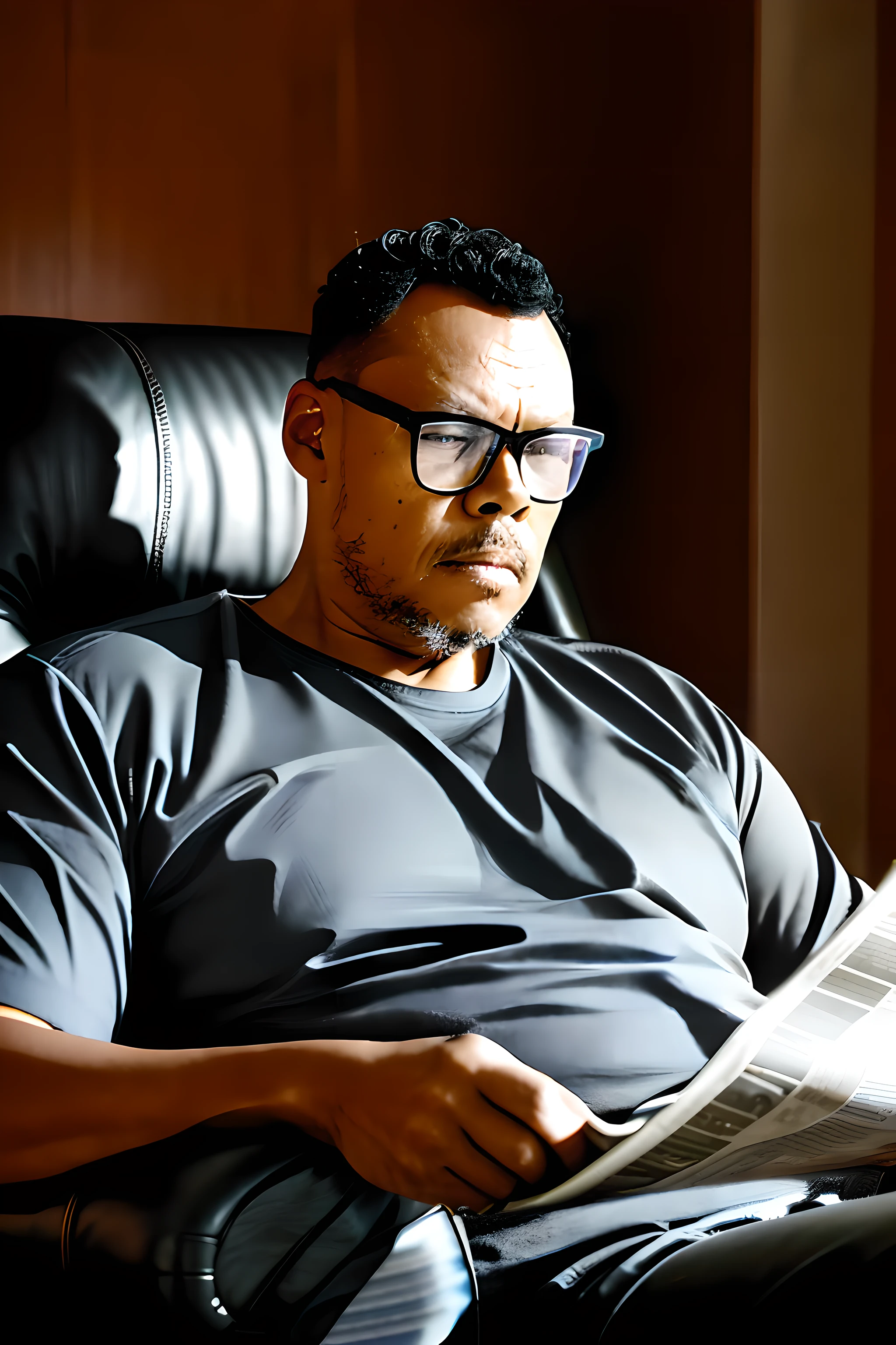 guttonerdvision5, a man sitting comfortably in a leather armchair, reading newspaper, cinematic lighting, depth of field, bokeh, realism, photorealistic, hyperrealism, professional photography, uhd, dslr, hdr