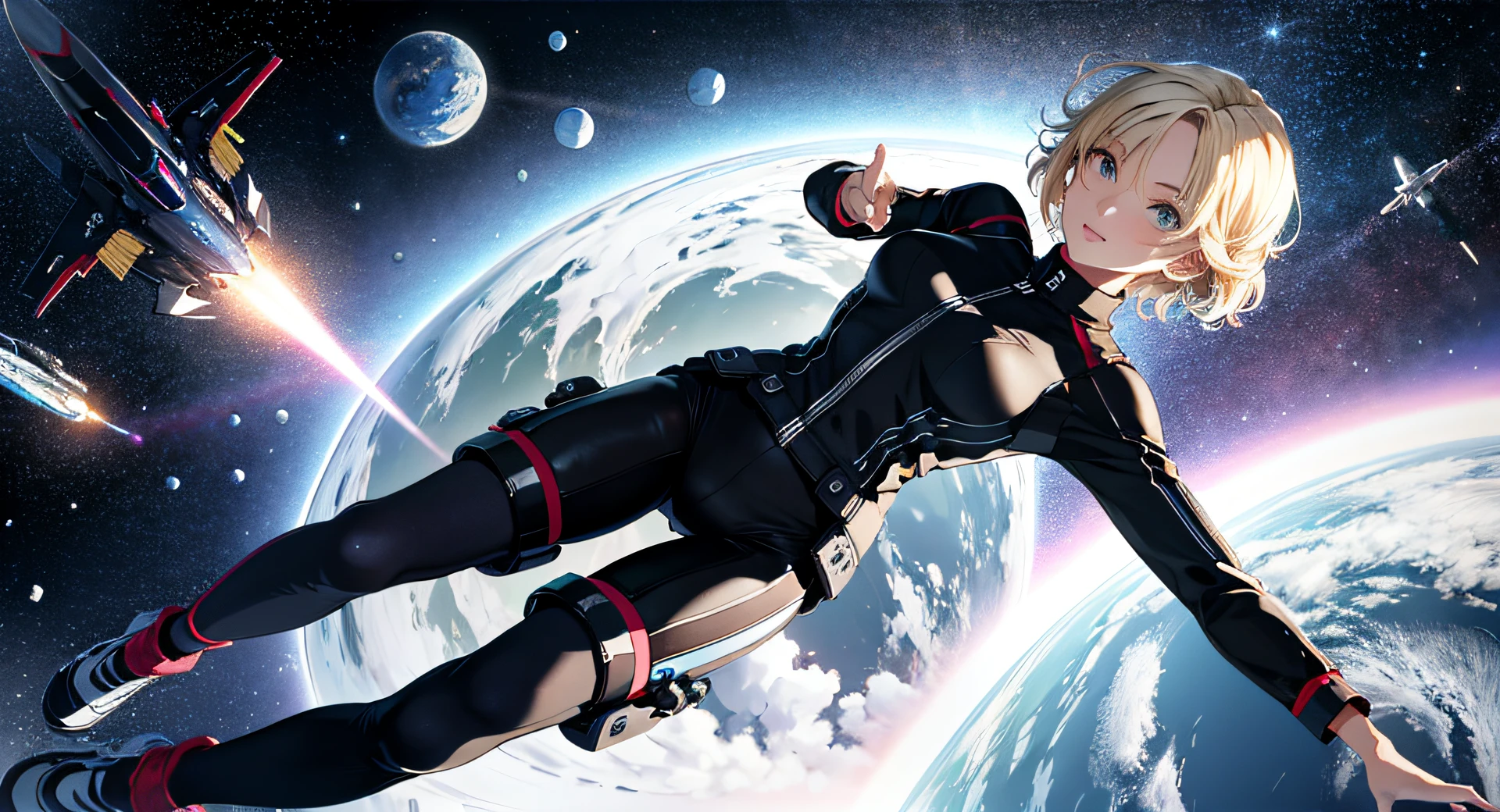 Absurd resolution, high resolution, (masterpiece: 1.4), super detailed, girl one, from above, futuristic, psychic, space, floating, blonde, petite, short hair, space-time, long boots