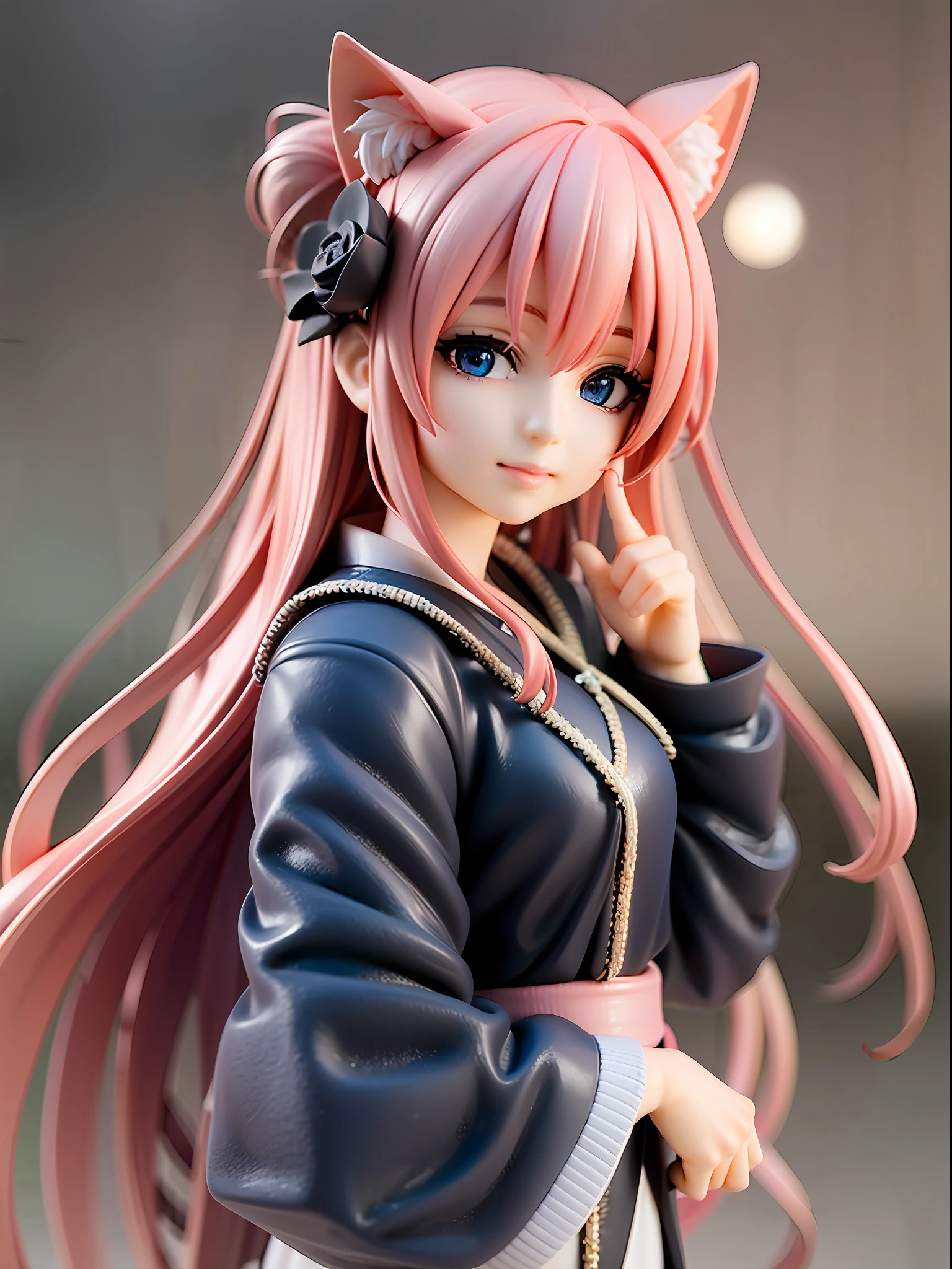 1girl, cat ears, cat tail, cherry blossom ,long pale hair, chibi, beautiful bright blue eyes, smiling, wearing a white kimono, standing under a night sky with a full moon, moon light,surrounded by blue roses, [realistic], [3d], (8k, RAW photo, best quality, masterpiece:1.2), ultra high res, photo realistic, professional lighting, detailed lighting, professional photography, high quality, high res, extremely detailed, bloom, depth of field, sketch, sharp focus, soft lighting, detailed, detailed skin, to8contrast style.