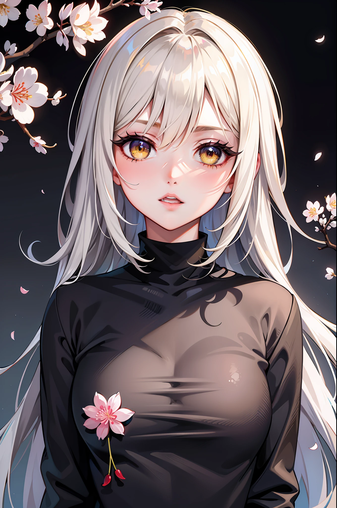 masterpiece, boyfriend, upper body, portrait, yellow eyes, vertical pupil, black shirt, cherry blossom background