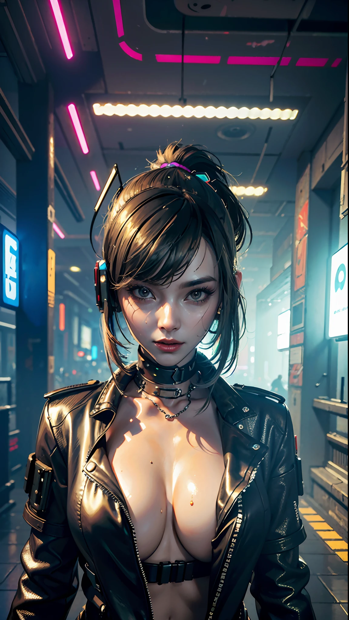 ((Best quality)), ((masterpiece)), (highly detailed:1.3), 3D, beautiful (cyberpunk:1.3), stylish woman looking at camera black leather clothes