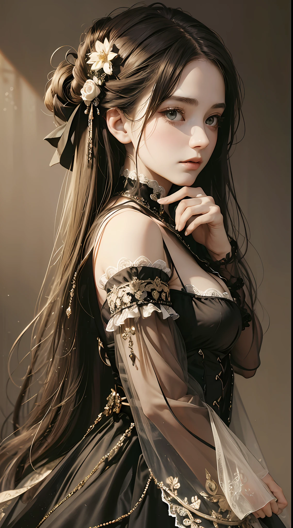 (Pure Color: 0.9), (Color: 1.1), (Masterpiece: 1,2), Best Quality, Masterpiece, High Resolution, Original, Highly Detailed Wallpaper, Beauty, Victorian, Dress, Sad, Small Face, Big Breasts, Sepia --auto --s2