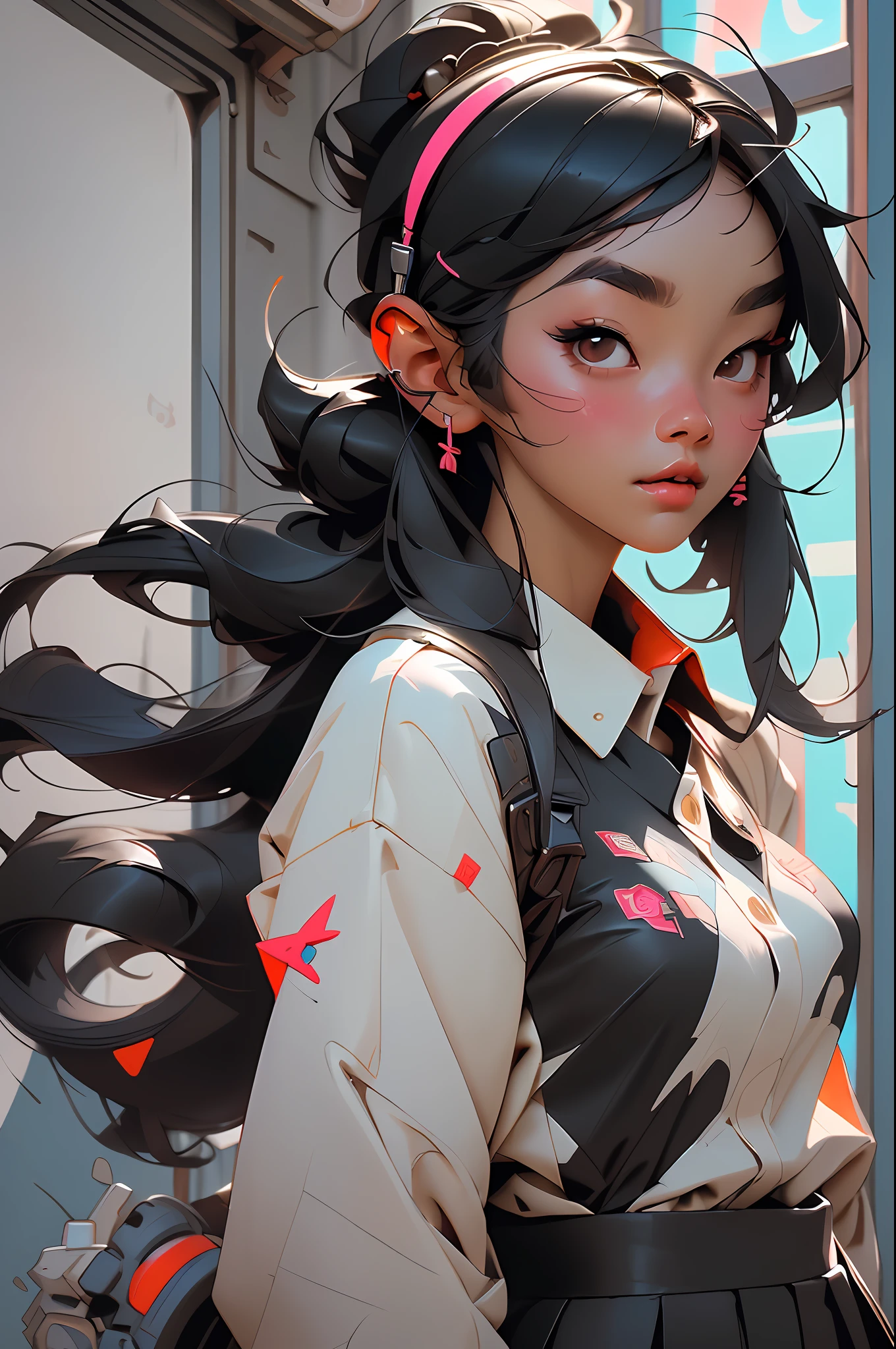 ((Best quality)), ((masterpiece)), ((realistic)) and ultra-detailed photography of a 1korean girl with neon headphones. She has ((black hair)), is wearing an blue korean school uniform costume, and exudes a ((beautiful and aesthetic)) vibe.