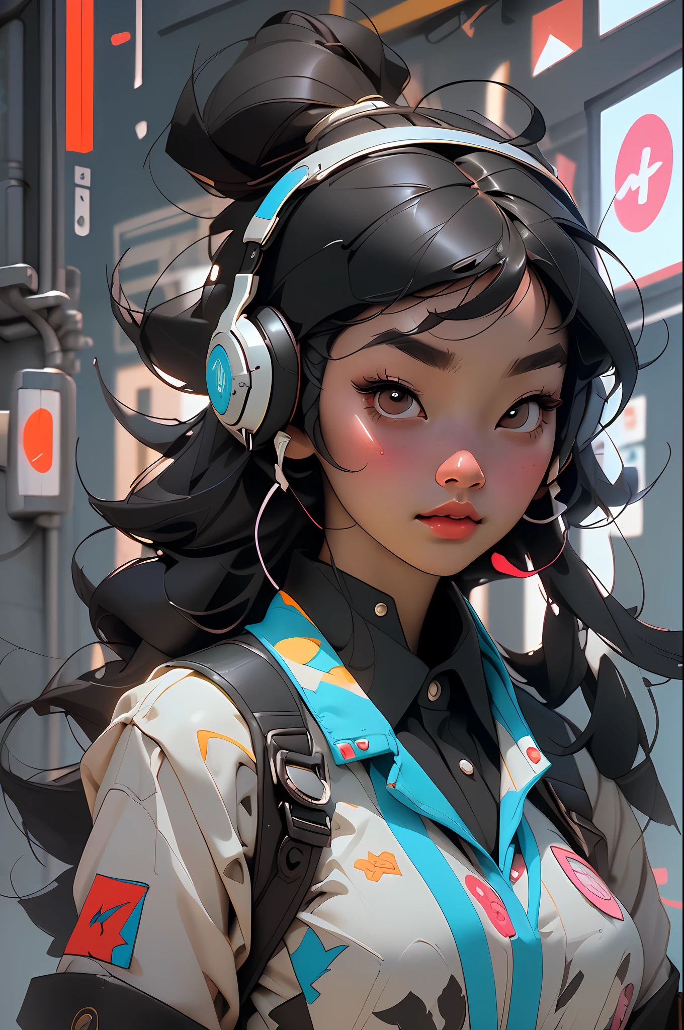 ((Best quality)), ((masterpiece)), ((realistic)) and ultra-detailed photography of a 1korean girl with neon headphones. She has ((black hair)), is wearing an blue korean school uniform costume, and exudes a ((beautiful and aesthetic)) vibe.