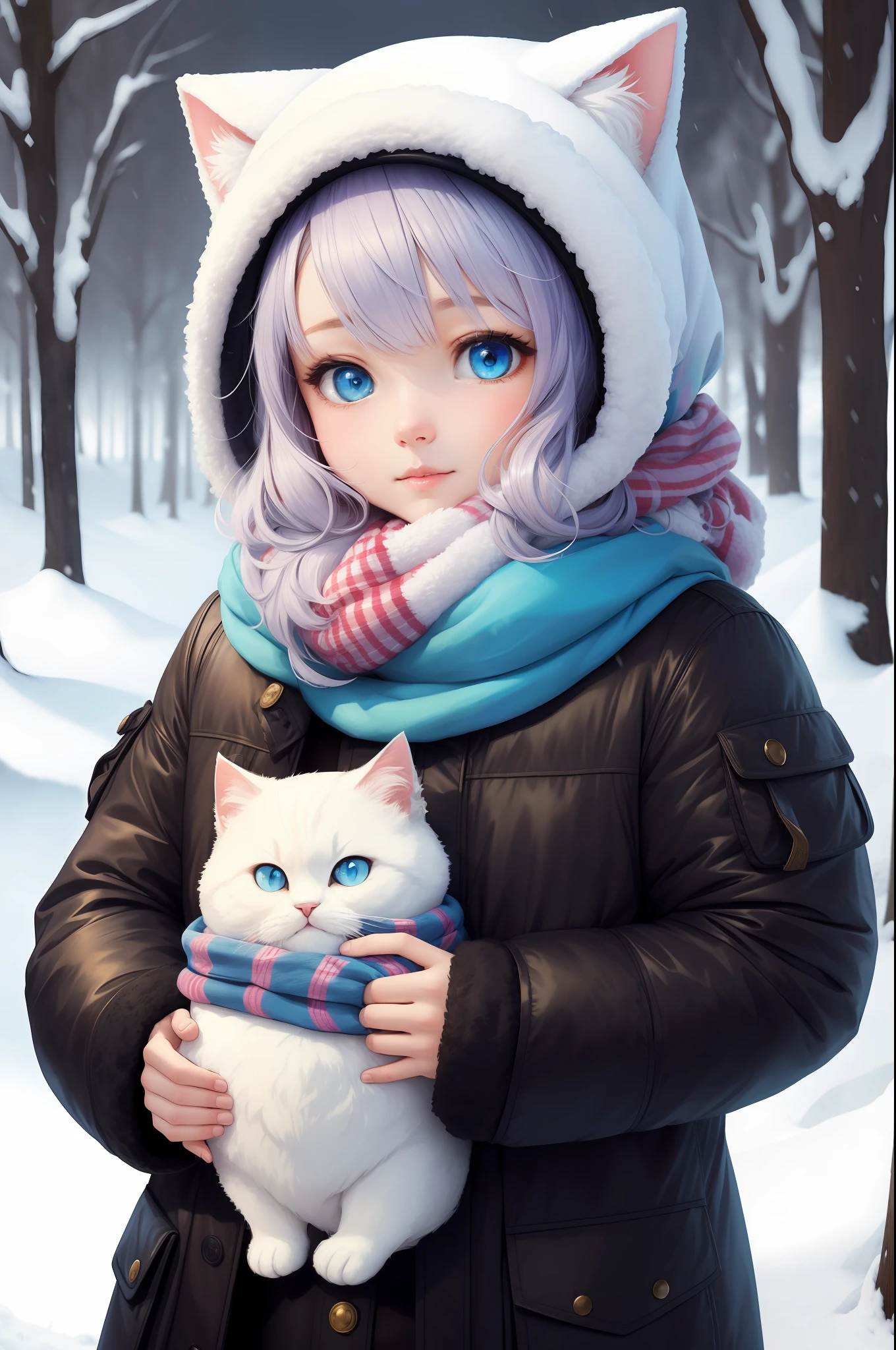Style-NebMagic, Portrait of a fluffy, round baby cat baby with a scarf made of Style-SylvaMagic in the snow, by Ismail Inceoglu, Gazelli, James Jean, Anton Fadeev and Yoshitaka Amano, insanely detailed, 8k resolution, digital art, trends in season of arts, vibrant colors, chibi style, a masterpiece, adorable and friendly