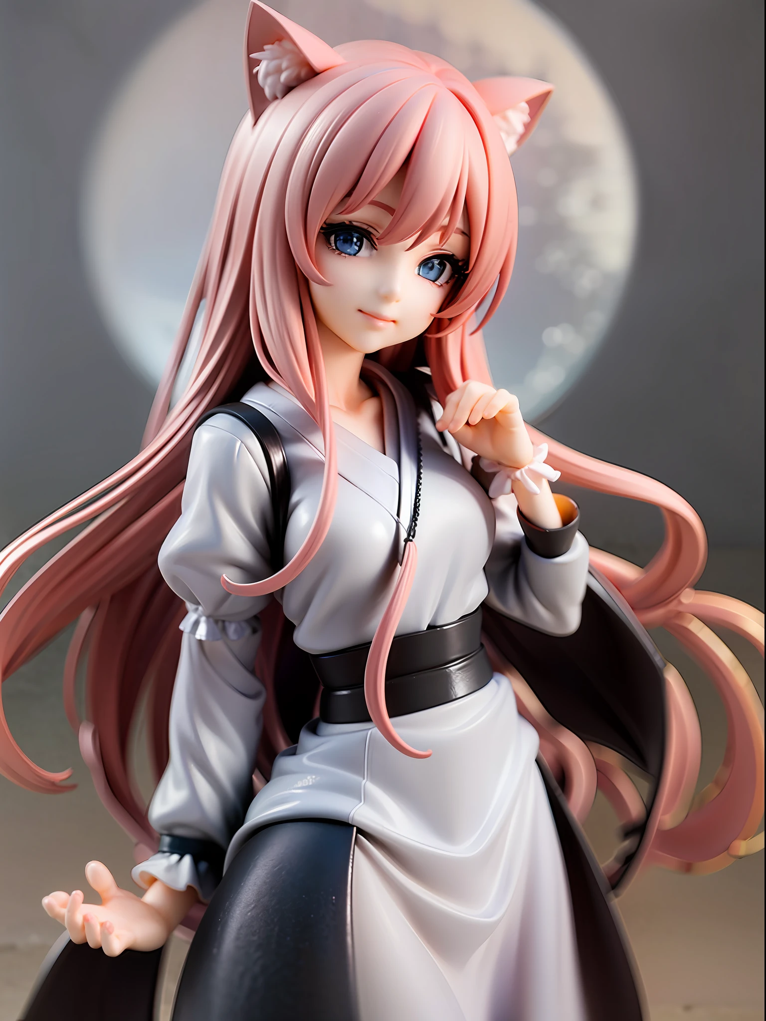 1girl, cat ears, cat tail, cherry blossom ,long pale hair, beautiful bright blue eyes, smiling, wearing a white kimono, standing under a night sky with a full moon, moon light,surrounded by blue roses, [realistic], [3d], (8k, RAW photo, best quality, masterpiece:1.2), ultra high res, photo realistic, professional lighting, detailed lighting, professional photography, high quality, high res, extremely detailed, bloom, depth of field, sketch, sharp focus, soft lighting, detailed, detailed skin, to8contrast style.