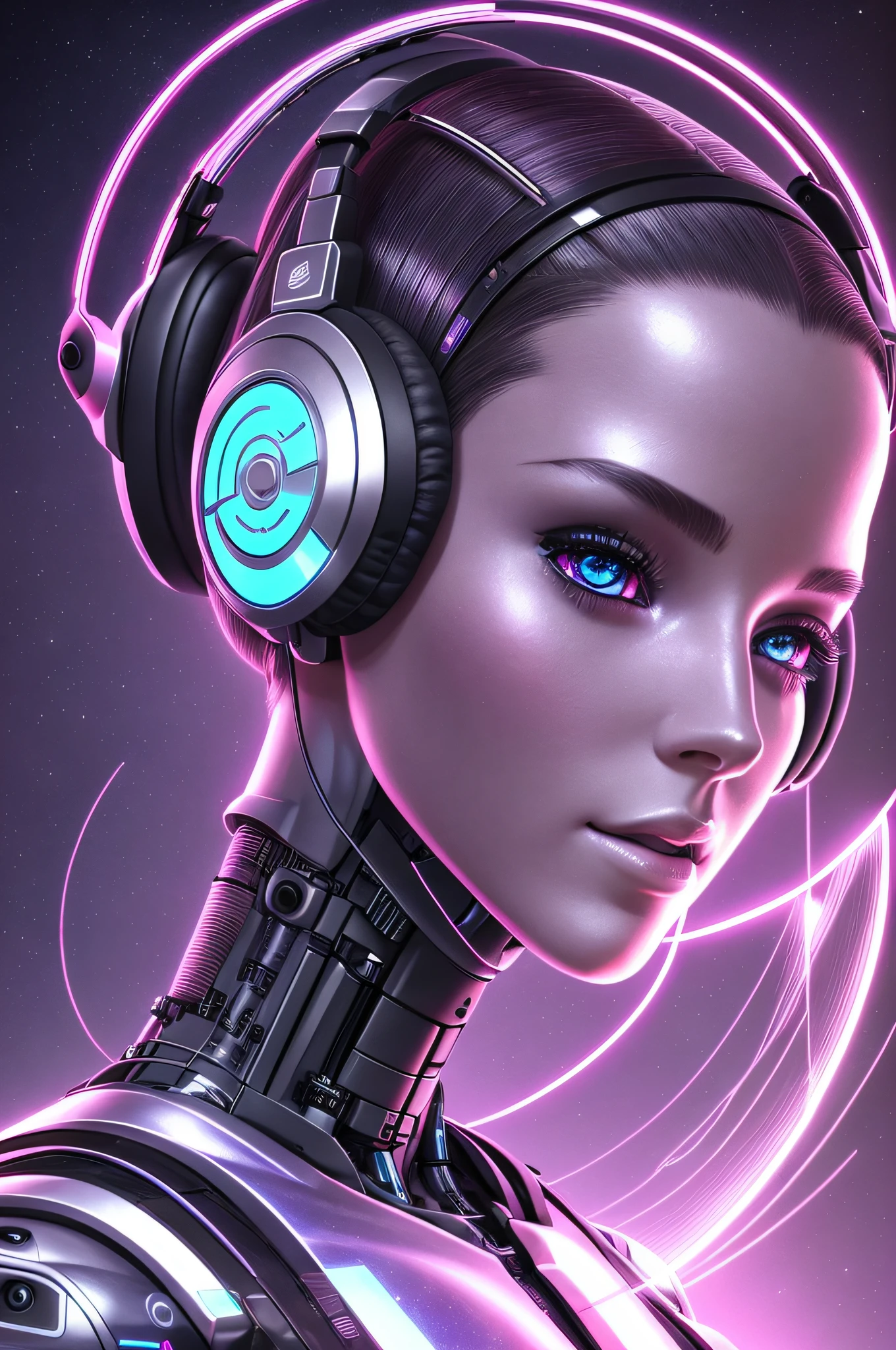 robot with headphones on and a bright light, cybernetic style, portrait of a futuristic robot, portrait of a female android, detailed portrait of a cyborg, cybernetic and highly detailed, cyborg woman, cyborg - girl, portrait of a cyborg, perfect female cyborg, front portrait