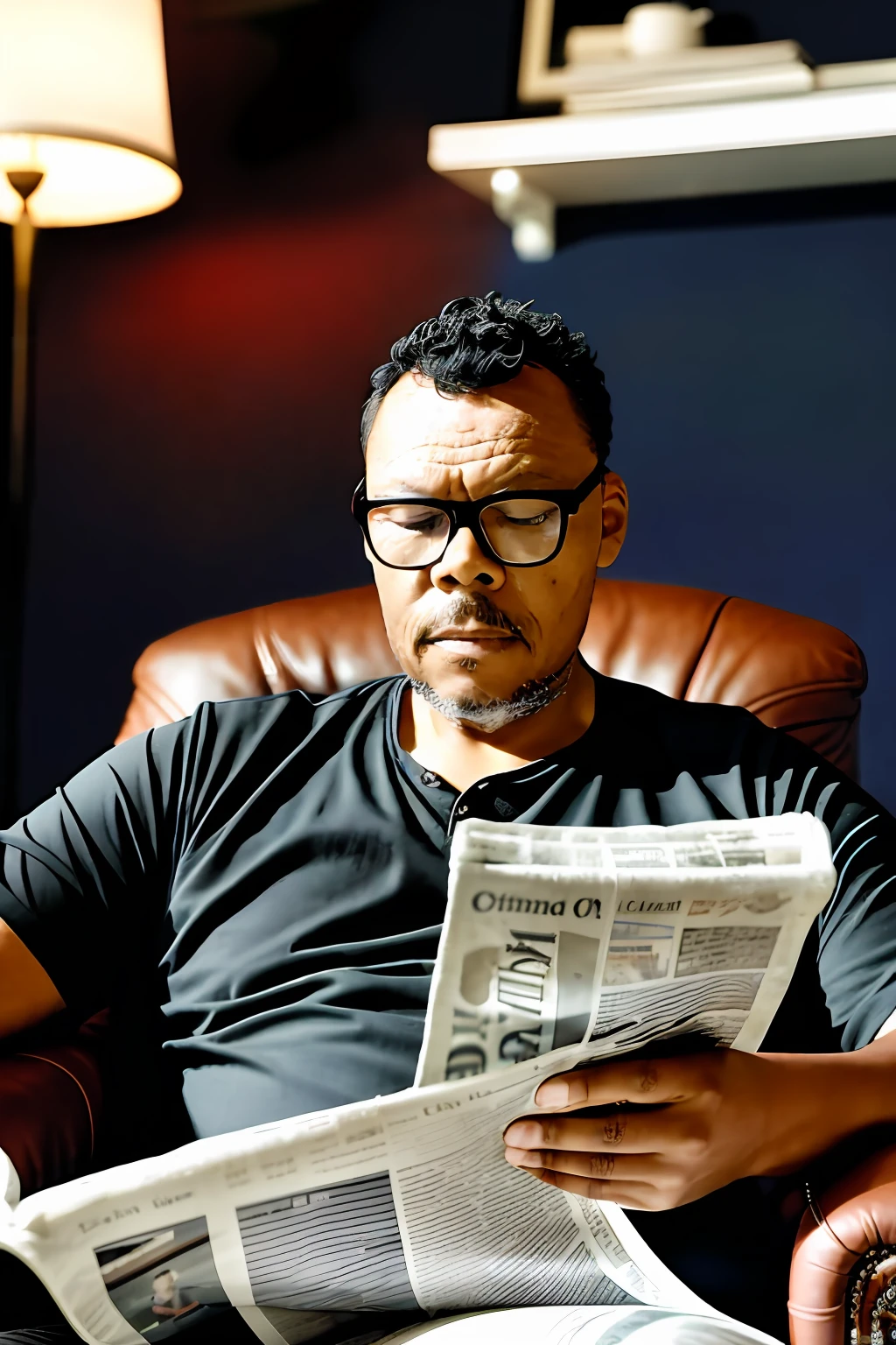 guttonerdvision5, a man sitting comfortably in a leather armchair, reading newspaper, cinematic lighting, depth of field, bokeh, realism, photorealistic, hyperrealism, professional photography, uhd, dslr, hdr