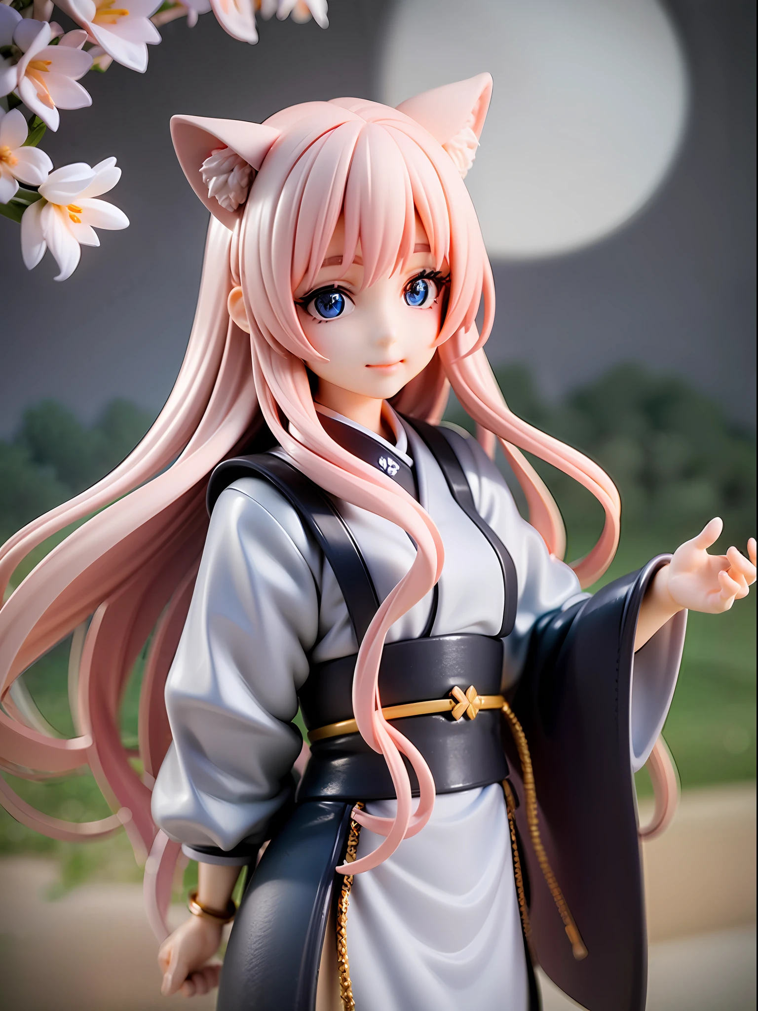 1girl, cat ears, cat tail, cherry blossom ,long pale hair, beautiful bright blue eyes, smiling, wearing a white kimono, standing under a night sky with a full moon, moon light,surrounded by blue roses, [realistic], [3d], (8k, RAW photo, best quality, masterpiece:1.2), ultra high res, photo realistic, professional lighting, detailed lighting, professional photography, high quality, high res, extremely detailed, bloom, depth of field, sketch, sharp focus, soft lighting, detailed, detailed skin, to8contrast style.