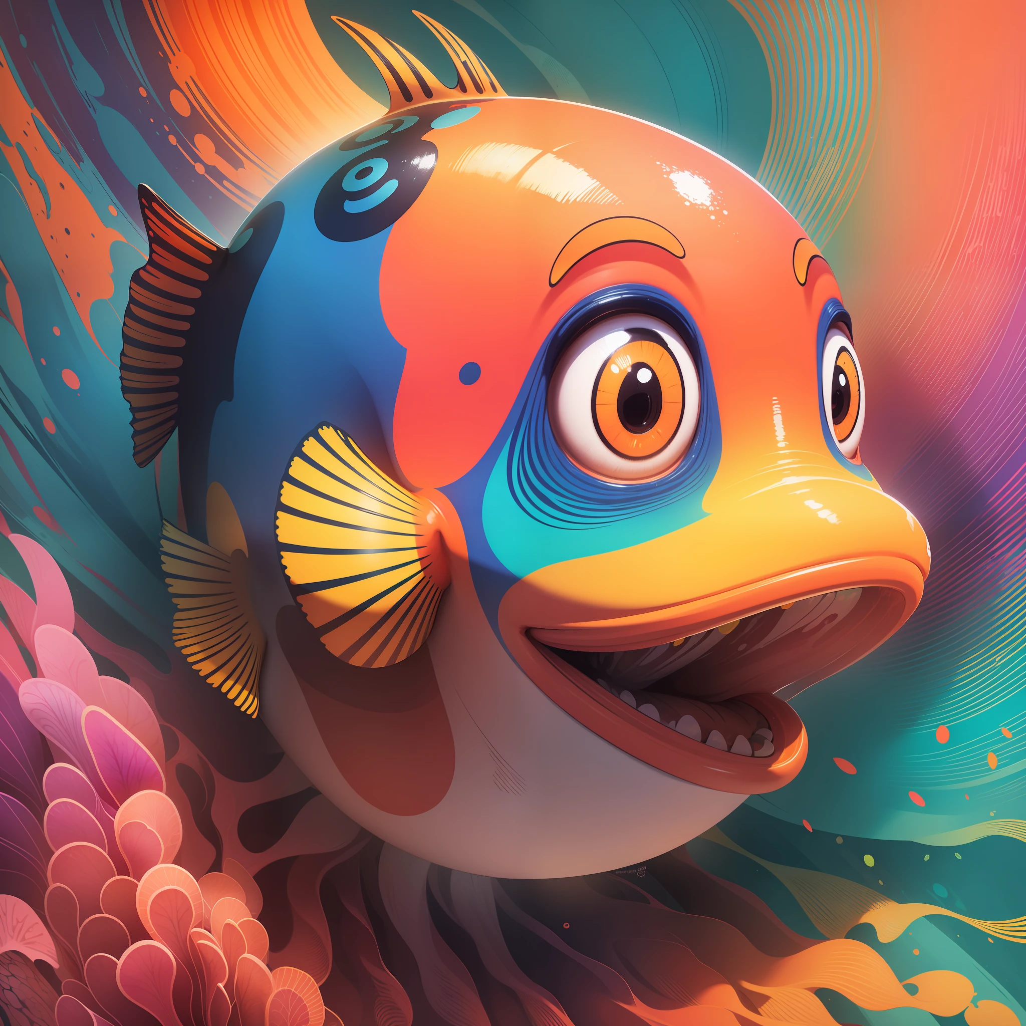 A vibrant and energetic logo of a colorful clown fish, its face adorned with vivid hues and intricate patterns, exuding an aura of playfulness and mystery, Artwork, digital illustration with bold brush strokes and vibrant color palette