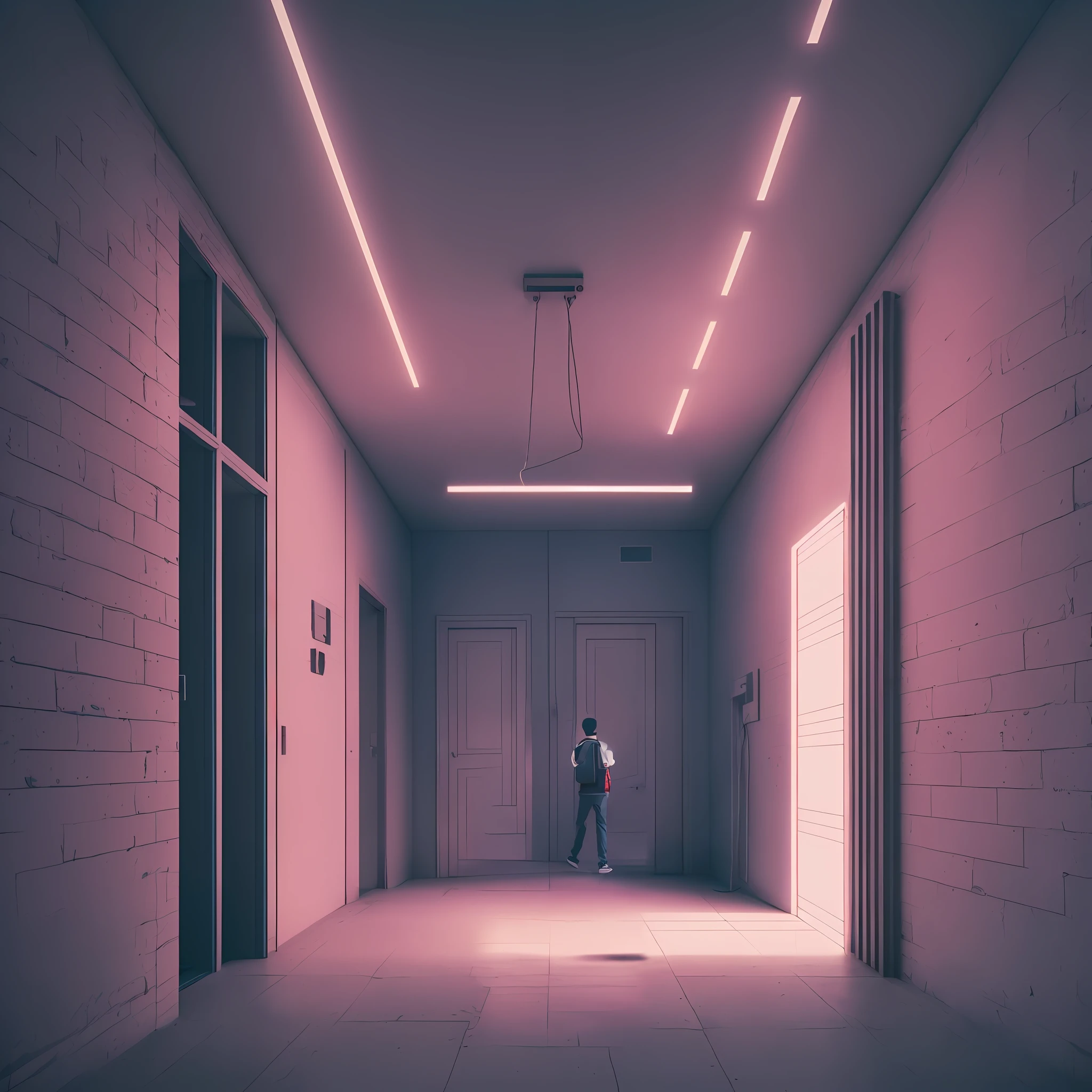 boy with headphone walking straight forward, front view, long shot angle, (detailed face:1.5), headphone on his head, walking towards to camera, crossing room forward, student, male teenager, walking near to camera, teenage boy, man walking, young man with short, young adult male, walking boy