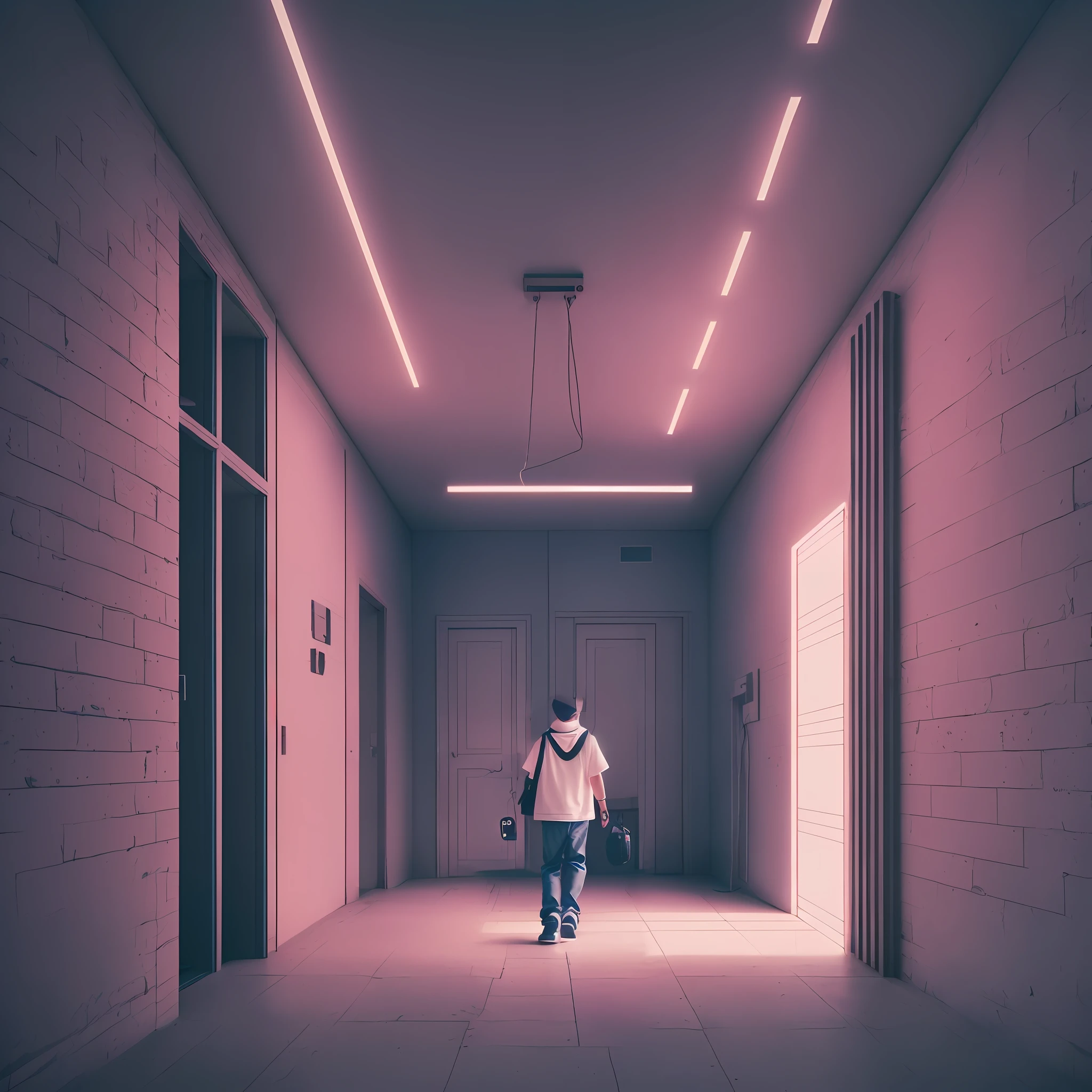 boy with headphone walking straight forward, front view, long shot angle, (detailed face:1.5), headphone on his head, walking towards to camera, crossing room forward, student, male teenager, walking near to camera, teenage boy, man walking, young man with short, young adult male, walking boy