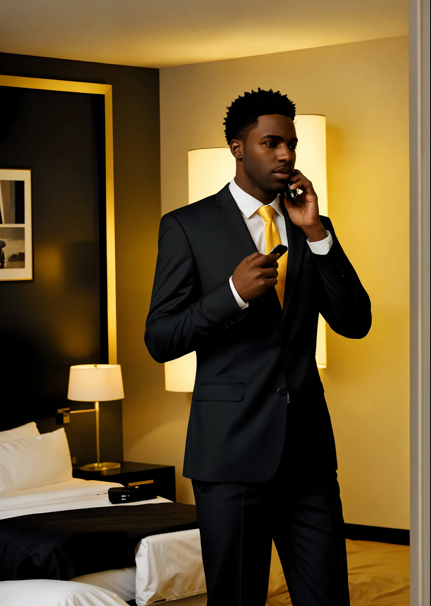 Black man making a call on the cell phone wearing a suit of the color lead black shirt, with a background of a luxury hotel room, with yellowish lights, realistic image .
