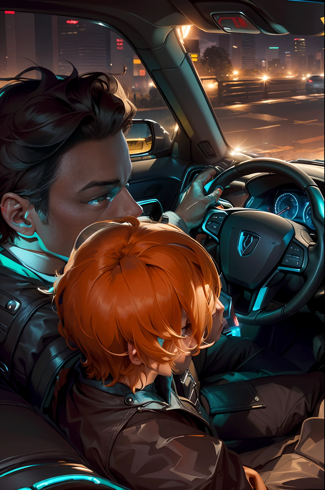 the dashboard of an expensive car is visible in close-up Joe Keery is passenger and Utkarsh Ambudkar is driver driving along night metropolis, they sit with their backs to the viewer