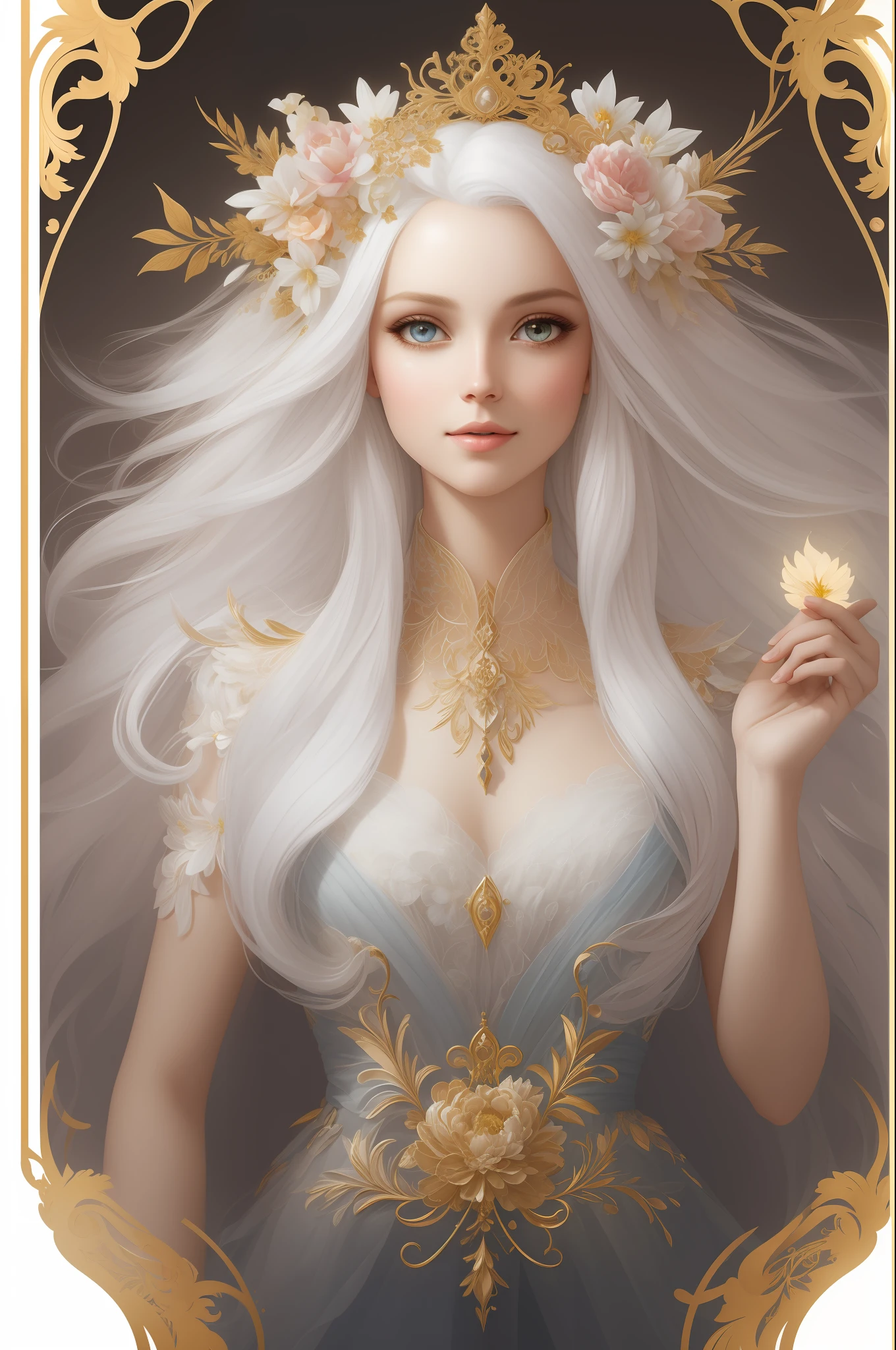 ((linda princesa)), (with long flowing white hair), (olhos brilhantes e bonitos), trending on Art Station, flower of hope by Jean-Honra Fragonard, Pedro Mohrbacher, super detalhado, Detalhes loucos , stunning sophisticated elite art nouveau ornate liquid wax elegant luxurious greg rutkowski style adhesive vector art beautiful character double exposure design luminous shot award-winning design artwork-prima amoled luz de fundo preta
