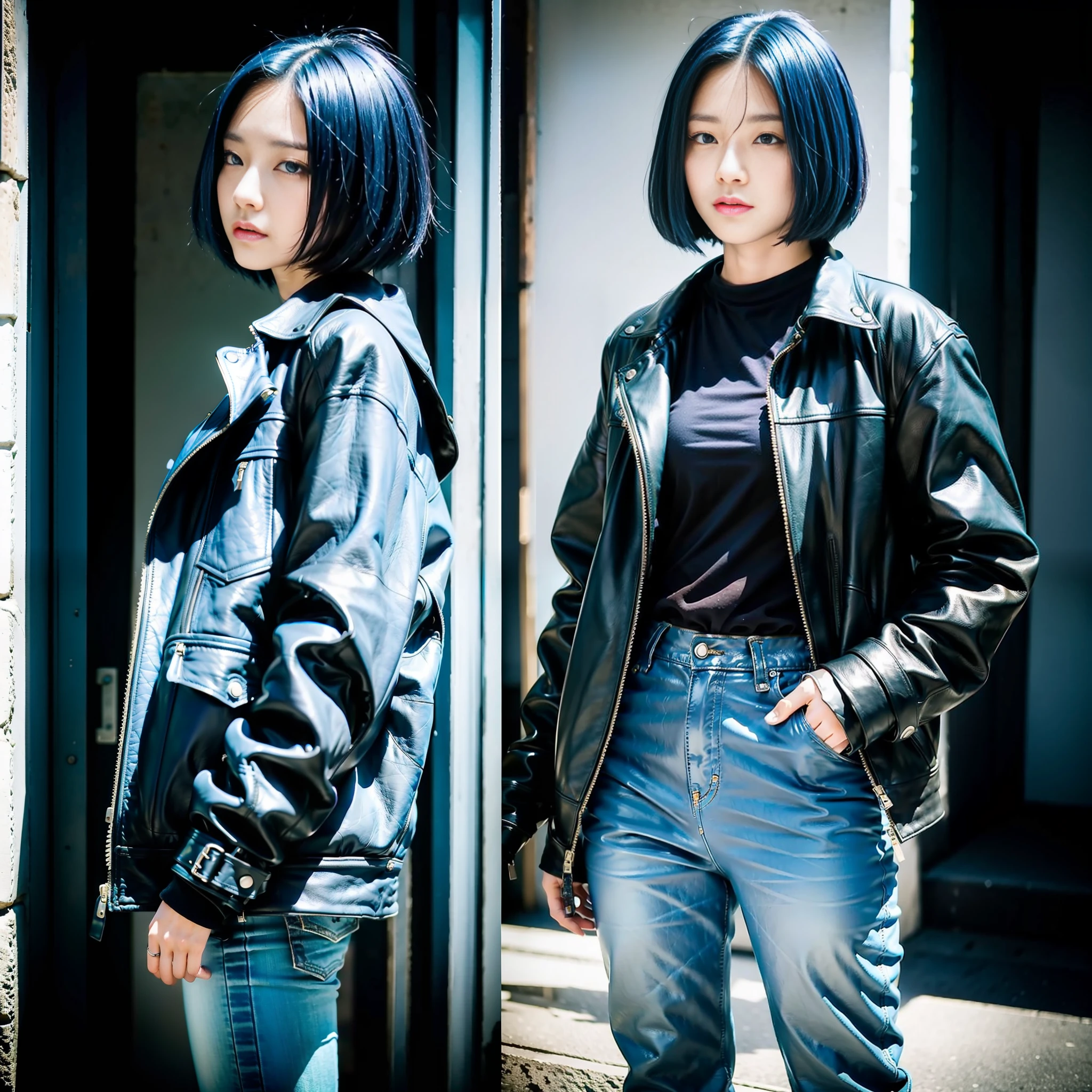 Japan Female 20 years old Looking at Camera Portrait Boyish All Light Blue Riders Jacket Leather Pants Leather Boots Tall Big Tits Light Blue Hair Short Bob