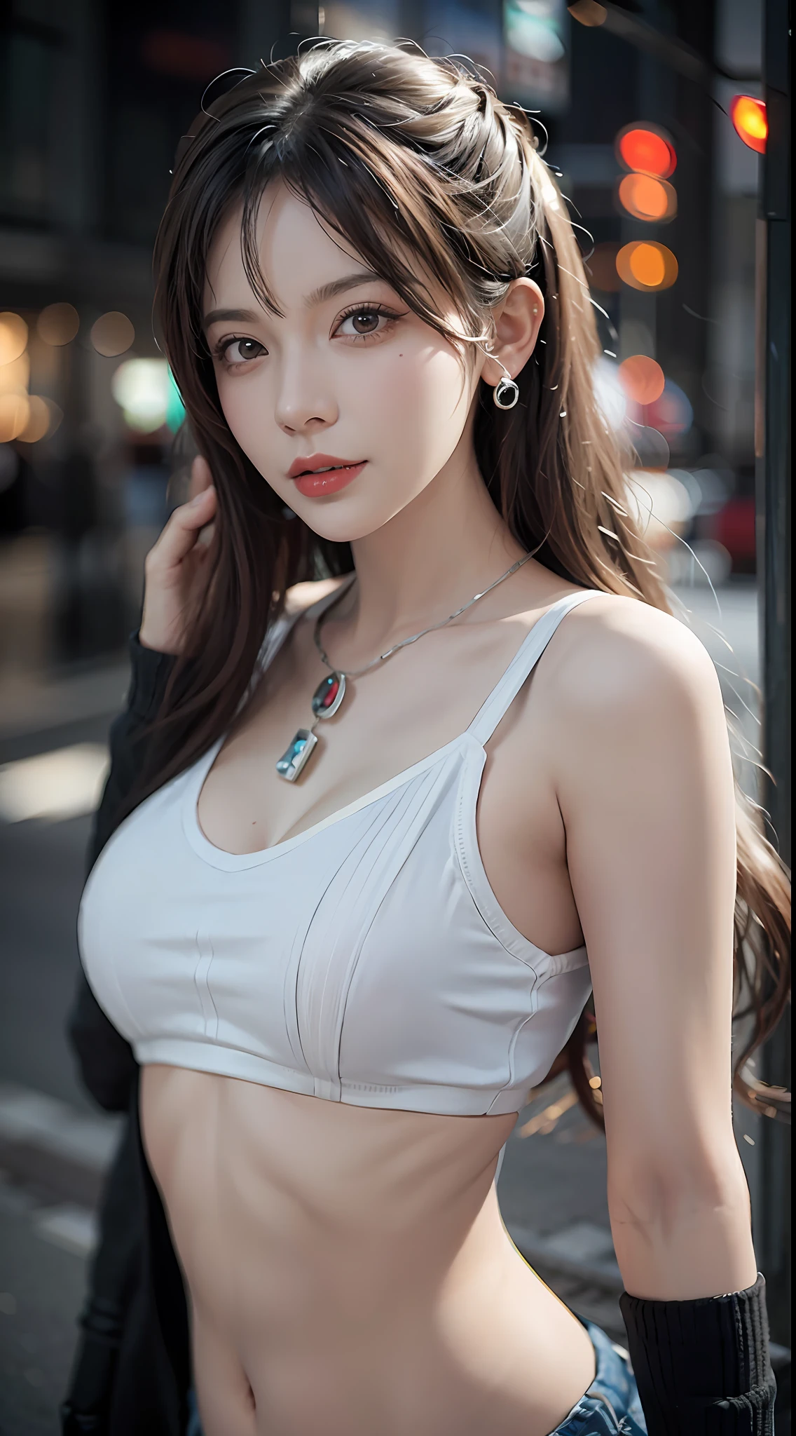 Urban beautiful girl college student, masterpiece, light makeup, red lips, silver hair, messy long hair, street background, beautiful, elegant. Ultra-fine details, master works, real texture, cinematic lighting realism, perfect work, 8k, HD, exquisite facial features, white tight open-cut top, transparent white tight shorts, slim figure, bright big eyes, smooth skin, earrings, necklace, tattoos
