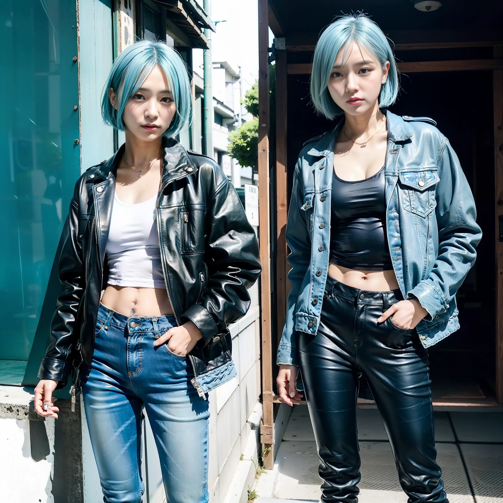 Japan Female 20 years old Looking at Camera Portrait Boyish All Light Blue Riders Jacket Leather Pants Leather Boots Tall Big Tits Light Blue Hair Short Bob