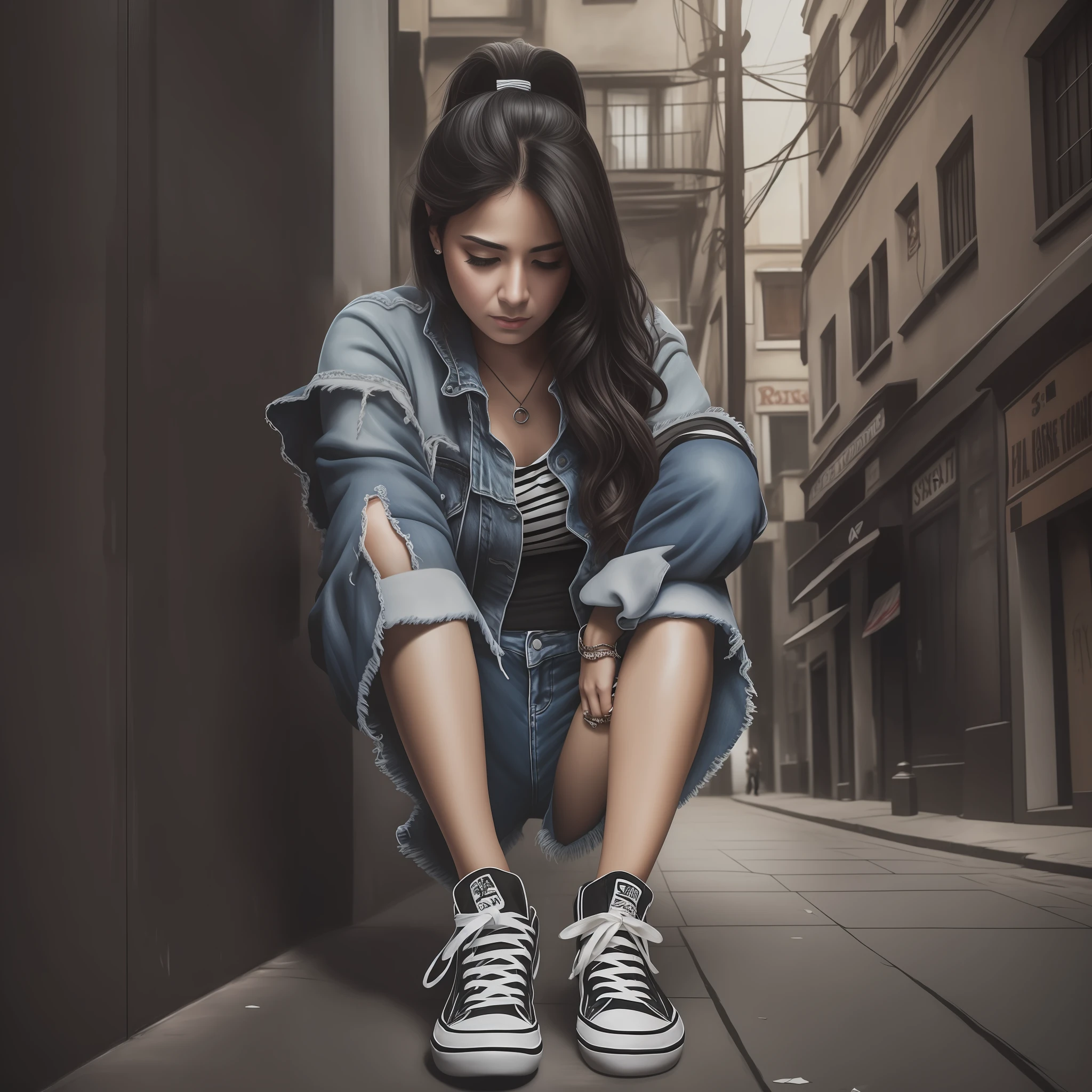 A woman facing a sad countenance dressed in a ripped pair of jeans at the knee and a blouse and a black white sneaker Woman stands out facing an obstacle in dark street The dark night super-realistic hyper detailed --auto --s2