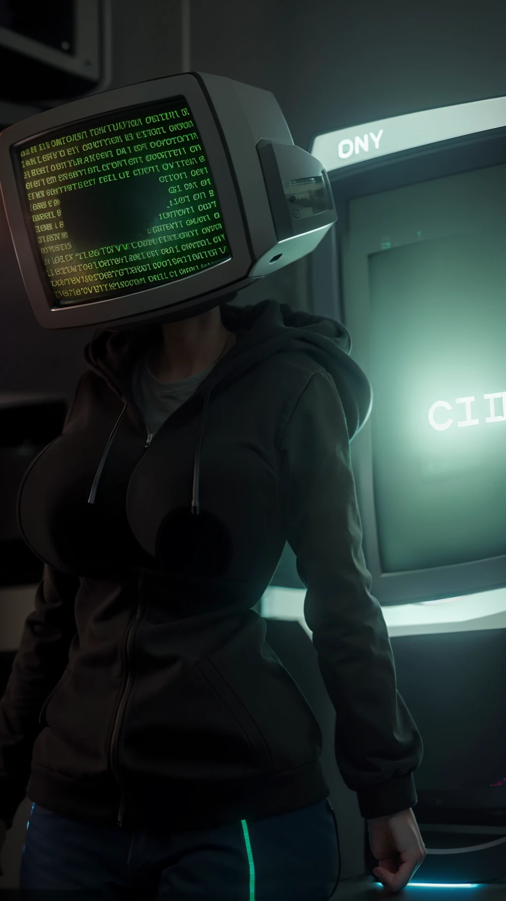 (codebullet:1.2), codebullet hoodie, hood, (big boobs:1.4), (crt tv:1.3), Highly detailed RAW color Photo, Full Body, accentuated booty, (looking at the viewer), (sci-fi), (highly detailed, hyperdetailed, intricate), (DAY TIME:1.2), (lens flare:0.7), particle effects, raytracing, cinematic lighting, shallow depth of field, photographed on a Sony a9 II, 50mm wide angle lens, sharp focus, cinematic film still from Gravity 2013, front body